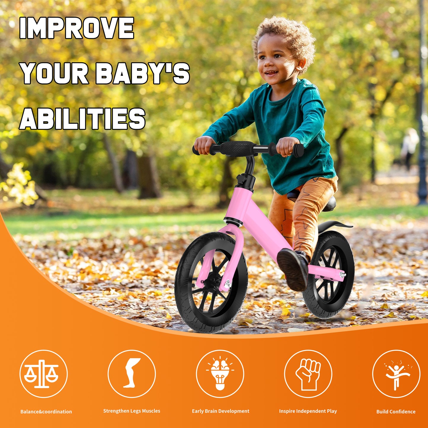 Kids 12'' Balance Bike Ride with Lighting up Wheels No Pedal Bike for Toddlers Age 2-5