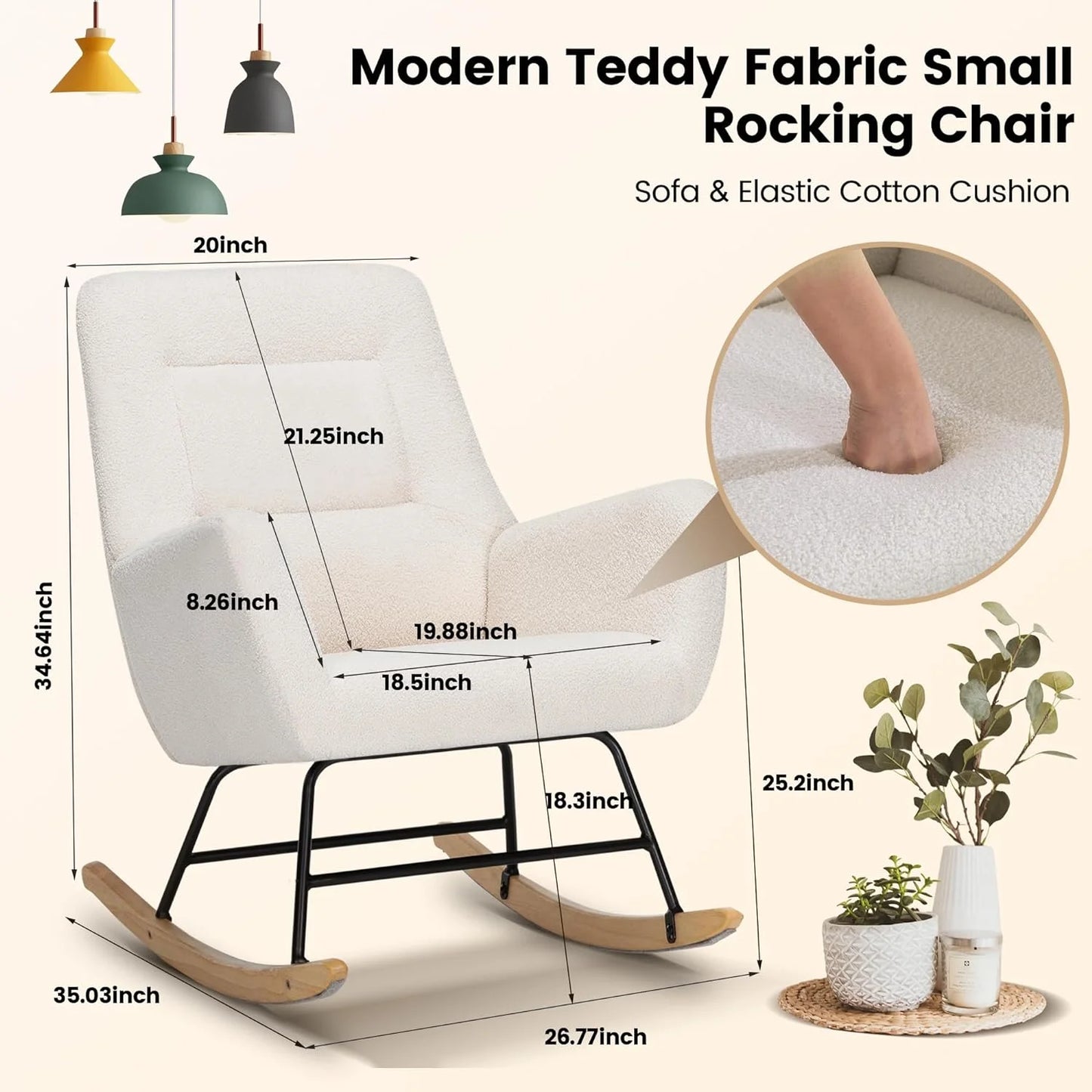 Modern Teddy Fabric Rocking Chair, Accent Rocker Chair with High Backrest, Accent Glider Rocker for Living Room Bedroom Playroom,White