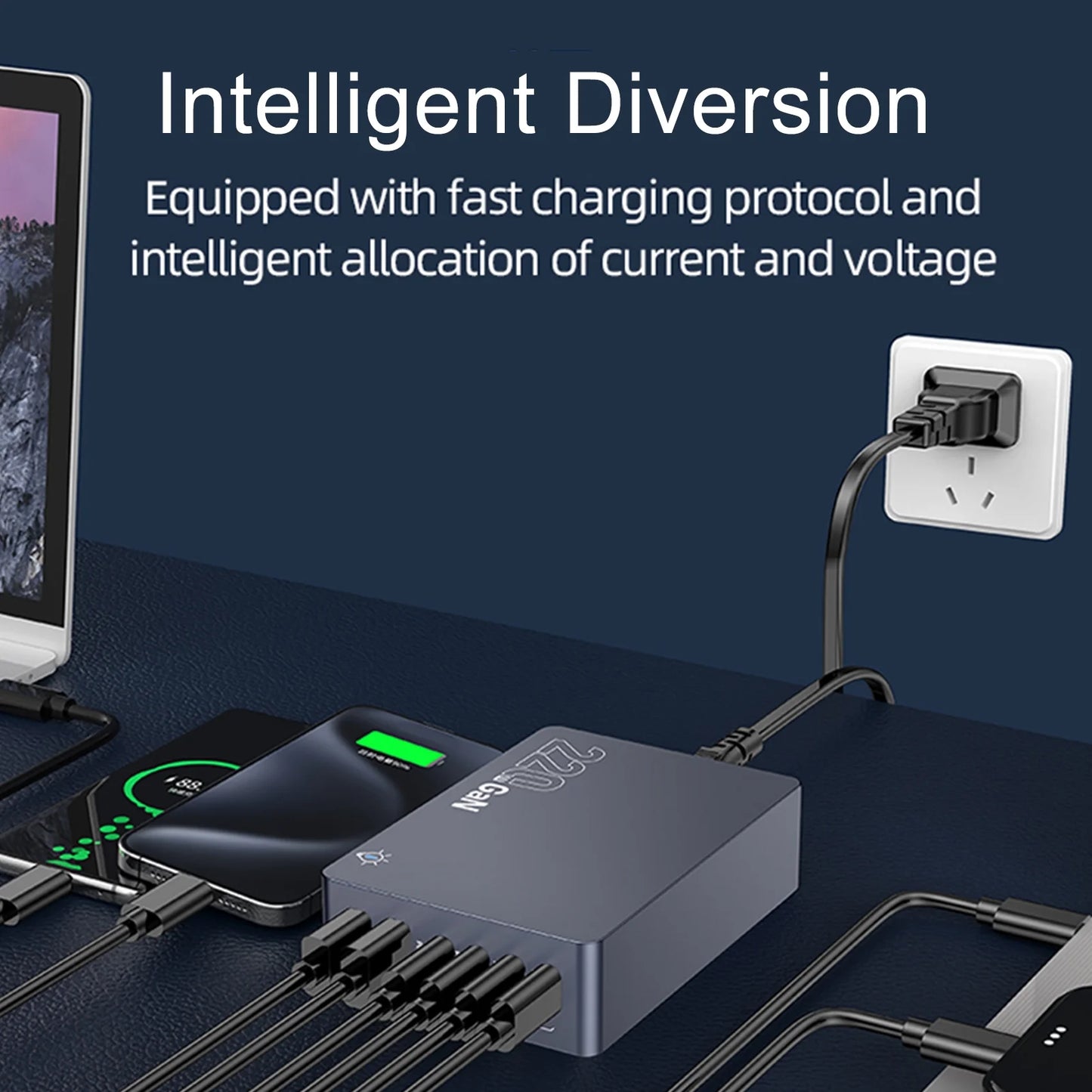 220W Fast USB C Charger, 6 Port QC4.0 Charging Station Hub GaN Charger Block, 65W USB C Laptop Charger Adapter, 100W PD Fast Desktop Charger, Compatible with iPhone, Samsung, Laptop, Gray