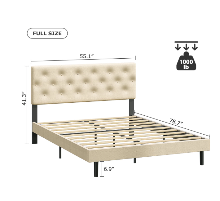 Full Size Platform Bed Frame with Velvet Upholstered Headboard, Button Tufted Design, No Box Spring Needed, Beige