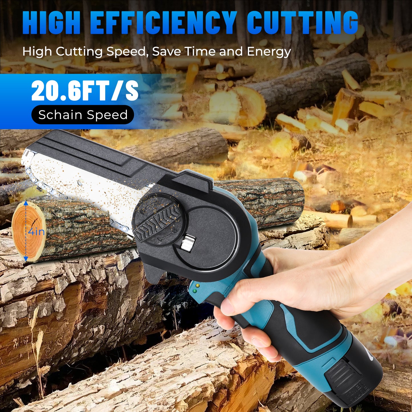 Mini Chainsaw 4-Inch Cordless Electric Portable Chainsaw with Safety Lock, One-Hand Lightweight, Pruning Shears Chainsaw for Tree Branch Wood Cutting (Chainsaw+ 2 x 2.0Ah Batteries+ 2 x Chains)