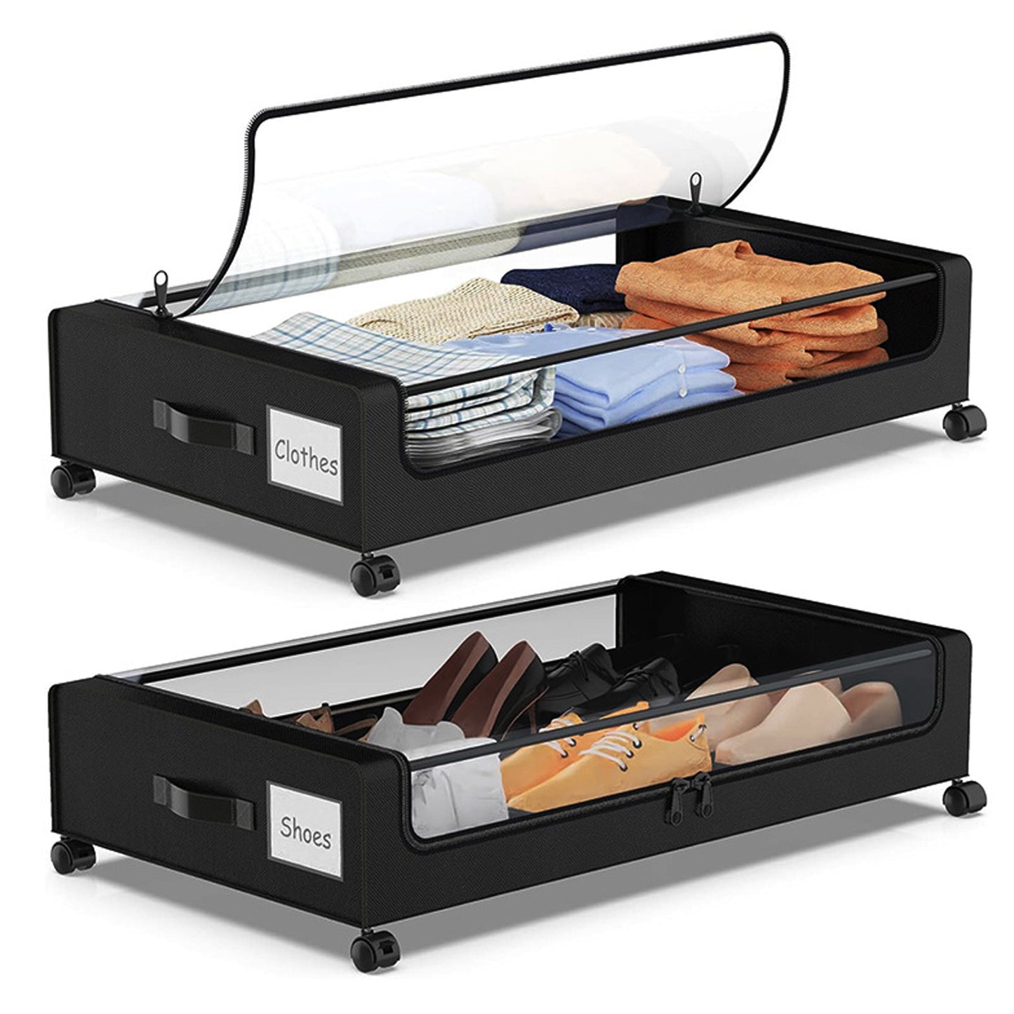 Under Bed Storage with Wheels, 2Pack 48L Under Bed Storage Containers, Under Bed Shoe Storage Organizer With Clear Lid, Bedroom Storage Organization Drawer For Clothes, Shoes, Toys,Blankets,Black