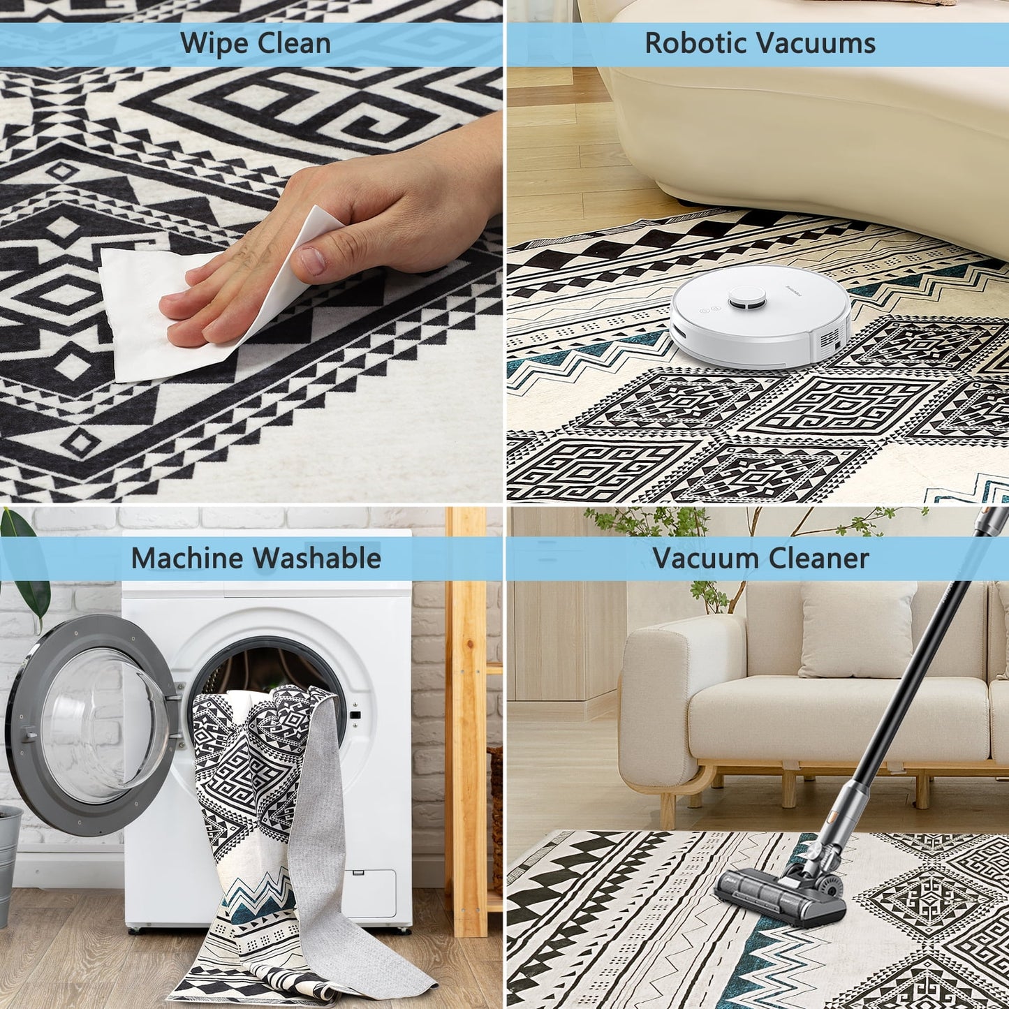 Modern 5x7 Area Rugs for Living Room, Non Slip Machine Washable Retro Rugs, Low Pile Chenille Print Rug for Bedroom, Dining Room, Home Office, Blue