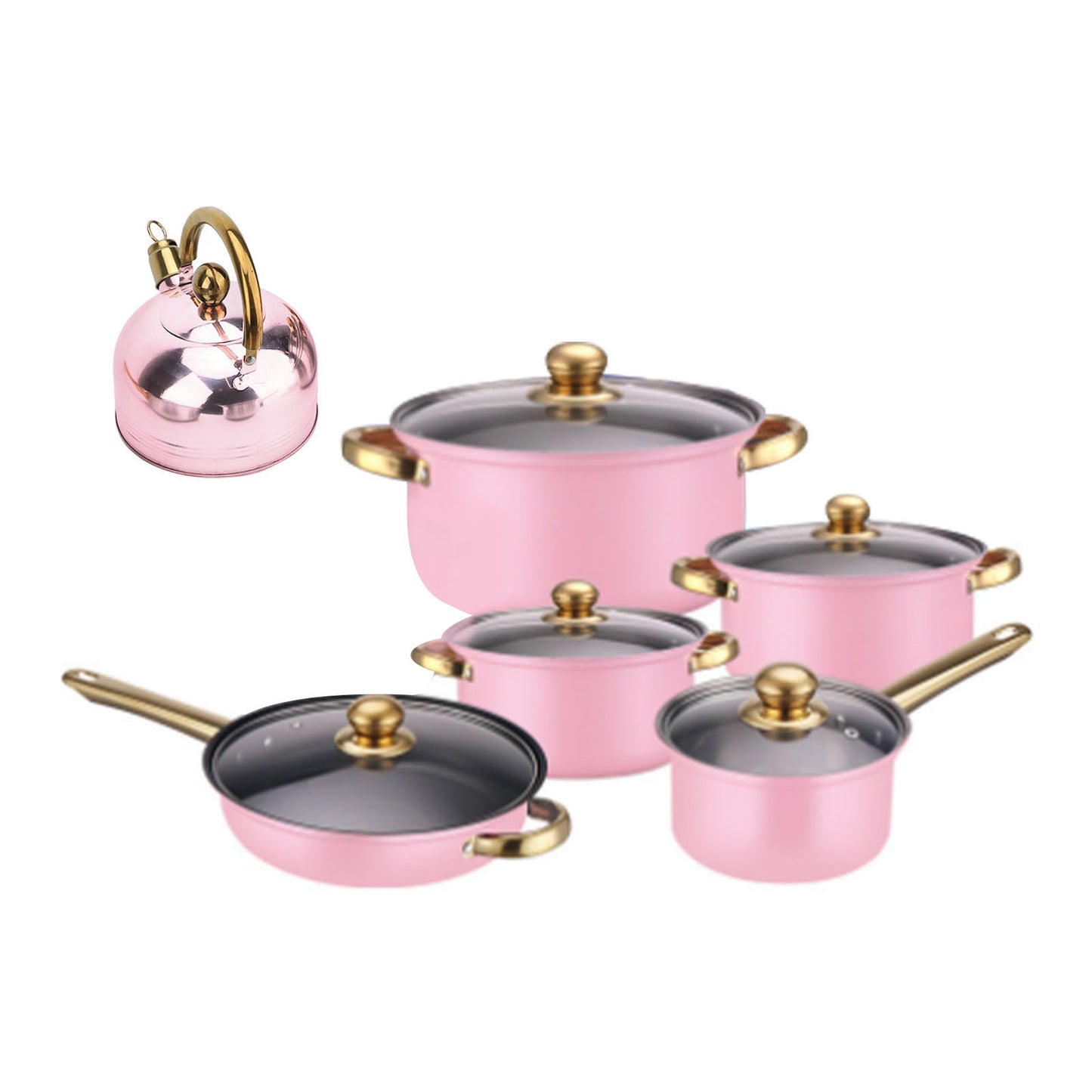 12 Piece Stainless Steel Cookware Set, Nonstick Cookware Set, Kitchen Pots And Pans Tea Kettle Set With Glass Lid For Cooking, Dishwasher , Golden Handles