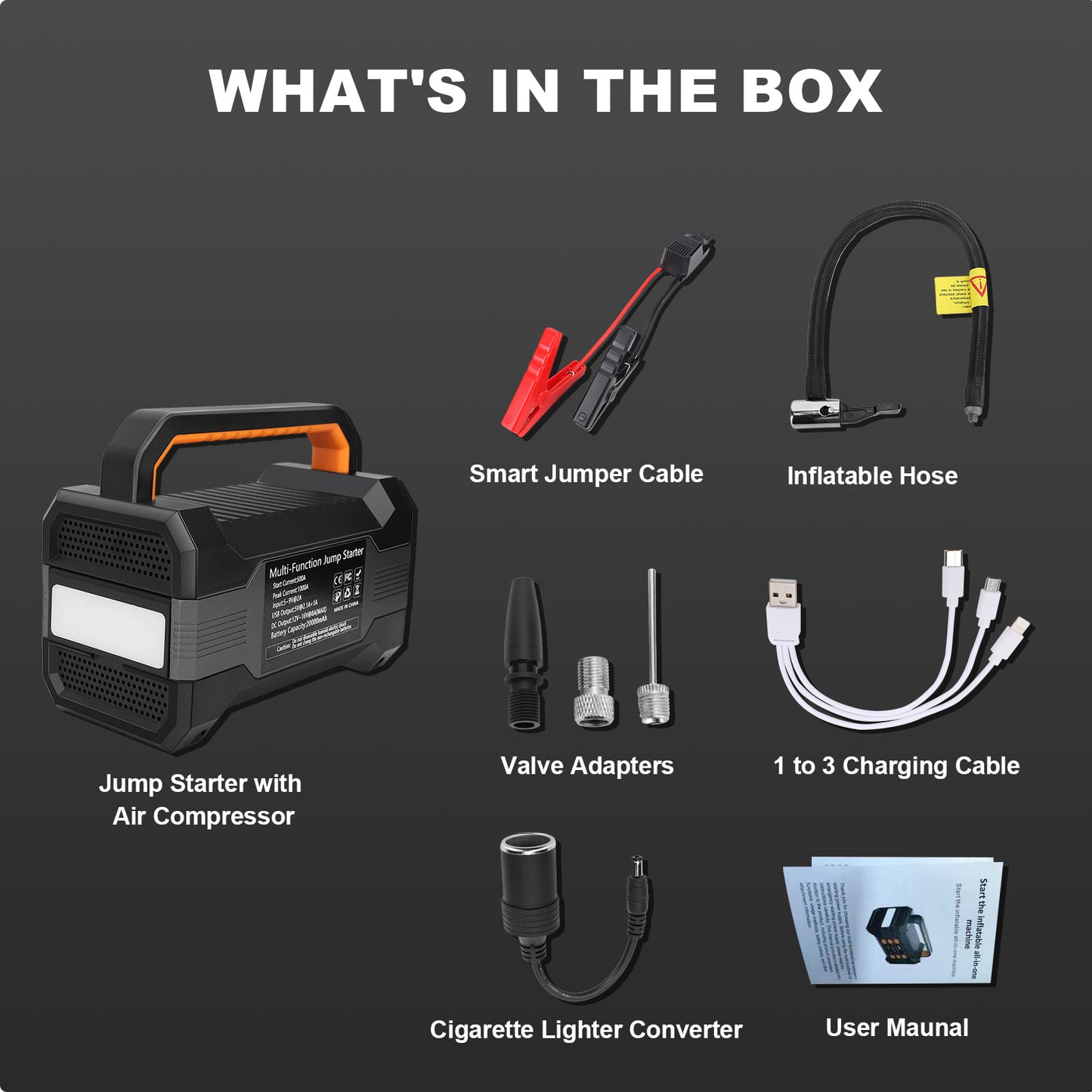 Car Jump Starter with Air Compressor,5000A Paek 20000mAh Car Battery for 8L Gas/7L Diesel Engine, 12V Jump Box Battery Jumper with 150 PSI Tire Inflator Air Pump & LED Light