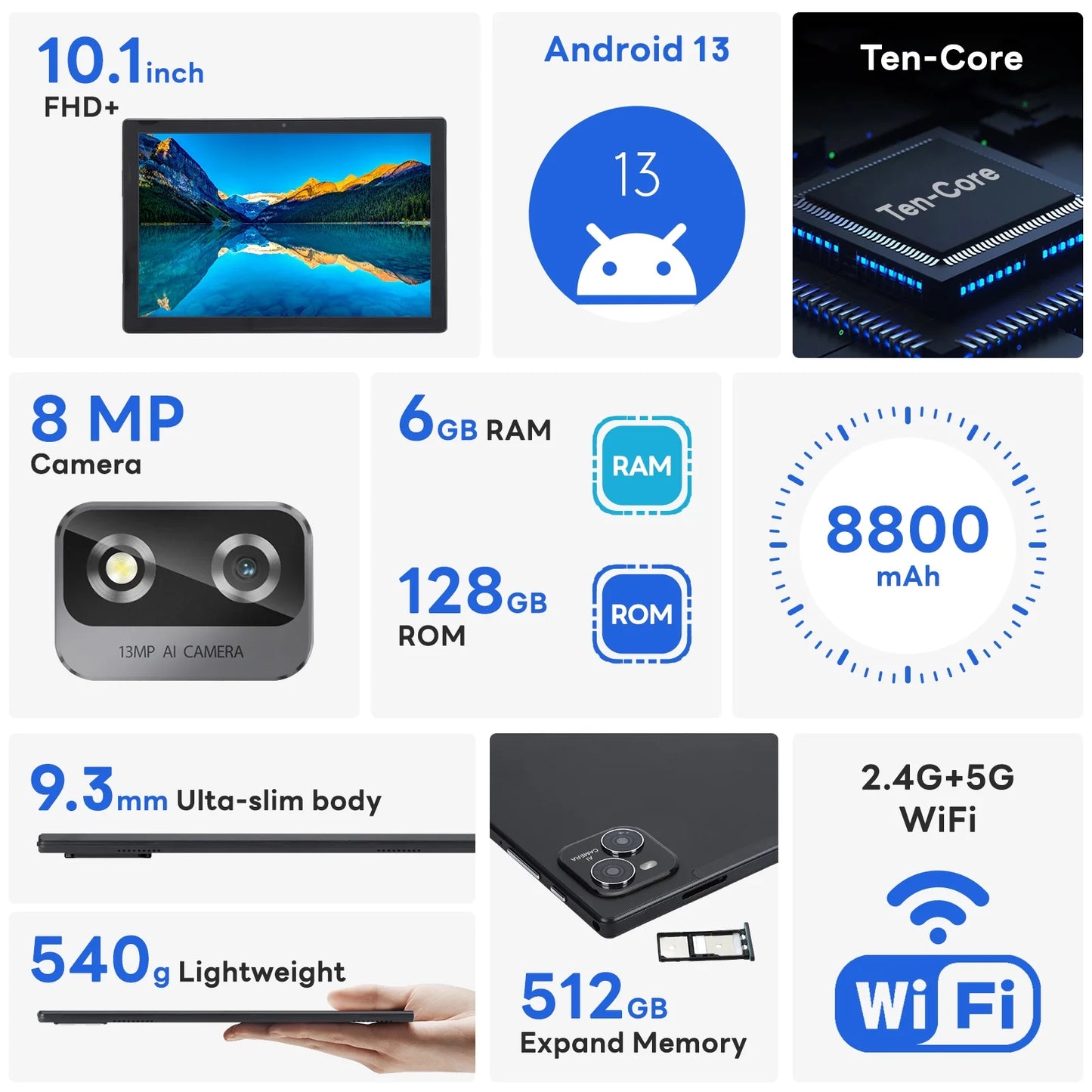 Android 13 Tablet, 10.1 Inch Tablets for Kids, 6GB RAM 128GB ROM 512GB Expand, 2560*1900 IPS Touchscreen 10-Core Processor 8MP+24MP Dual Camera WiFi Bluetooth GMS, Black
