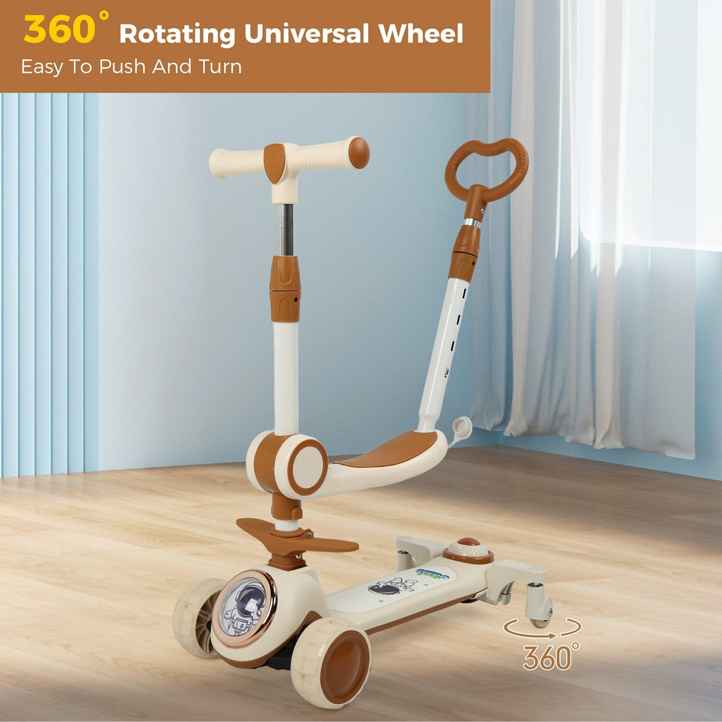 Crtynell Kids Kick Scooter With 3 Luminous Wheels, Toddler Scooter With Adjustable Handle And Folding Seat, 3-In-1 Toddler Men'S And Women'S Scooter With Push Bar Swivel Wheels, Kids Gift (Coffee)