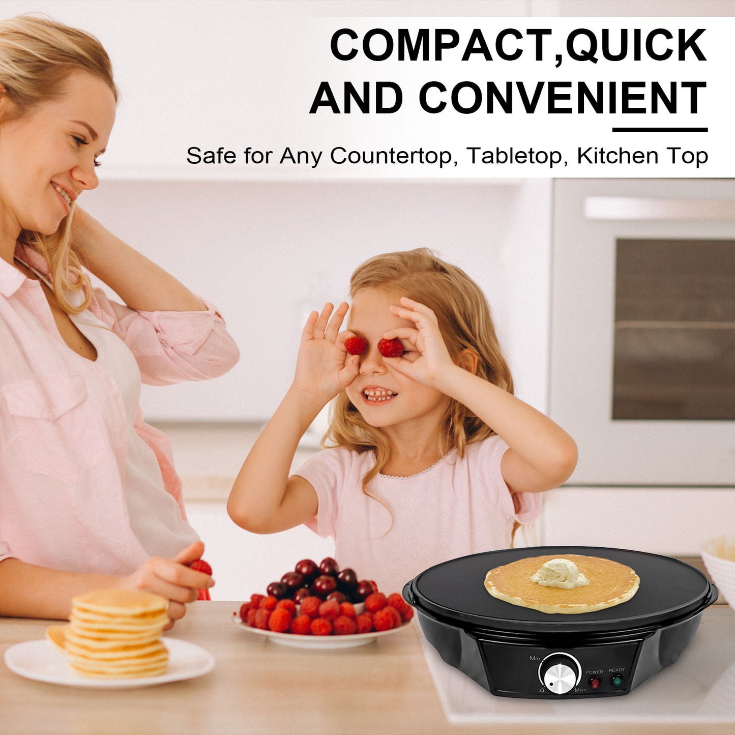12" Griddle & Crepe Maker, Non-Stick Electric Crepe Pan W/Batter Spreader- Dual Use for Blintzes Eggs Pancakes, Adjustable Temperature Settings for Breakfast or Dessert