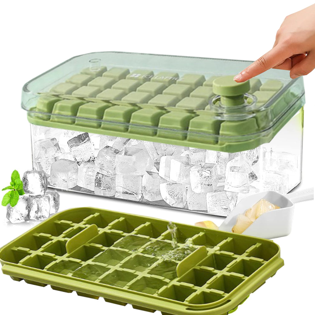 Ice Cube Tray for Freezer, 64 Nuggets Ice Cubes Molds with Lid and Bin, Silicone Ice Freezer Container, Spill- Removable Lid & Ice Scoop, for Whiskey,Cocktail ,Green