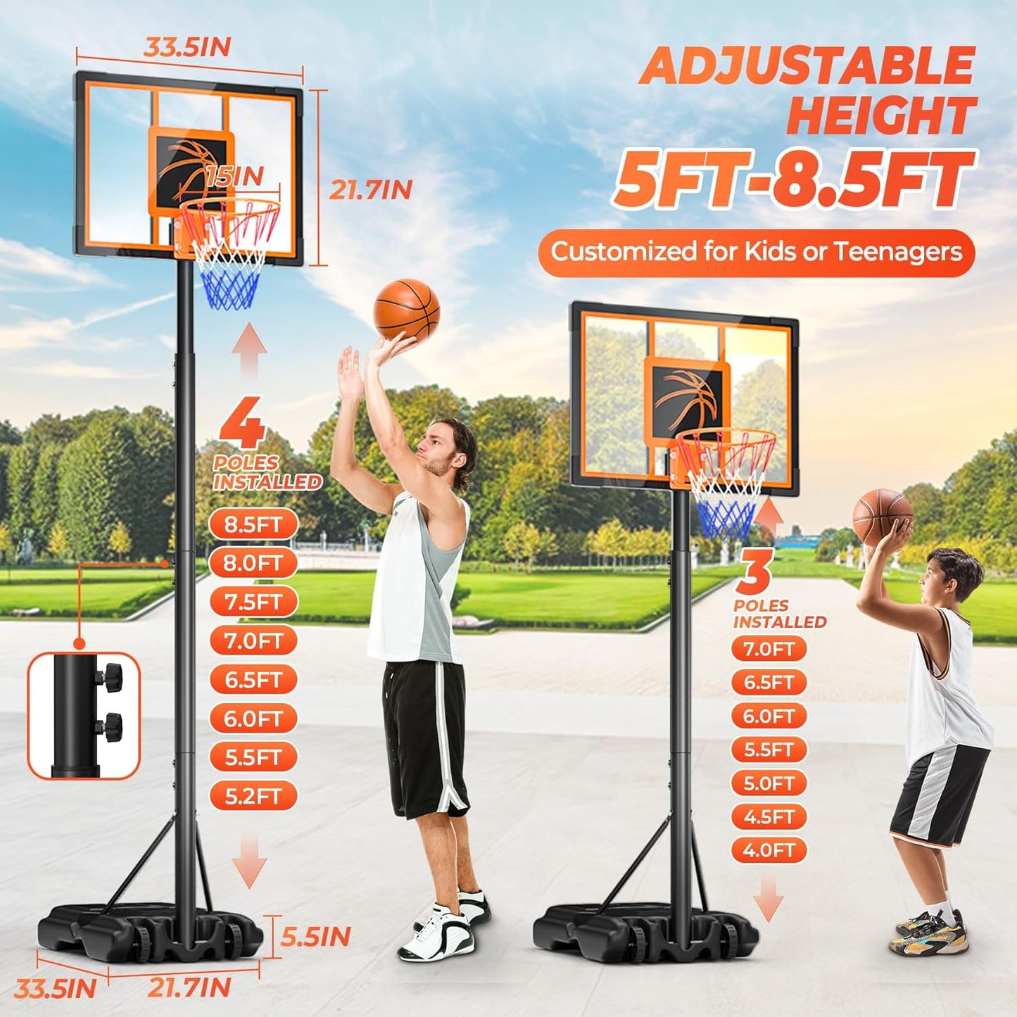 Youth Portable Basketball Hoop & Goal, 10FT Adjustable Height, 44 Inch Shatterproof PC Backboard Fillable Base with 2 Wheels & Sand Bags for Indoor Outdoor