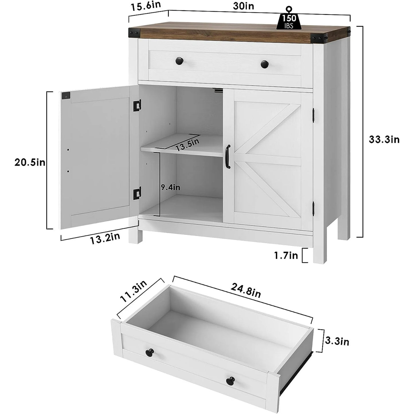 Coffee Bar Cabinet, Modern Farmhouse Buffet Sideboard with Drawer and Adjustable Shelf, Barn Door Storage Cabinet for Kitchen, Dining Room, Bathroom, Entryway, White