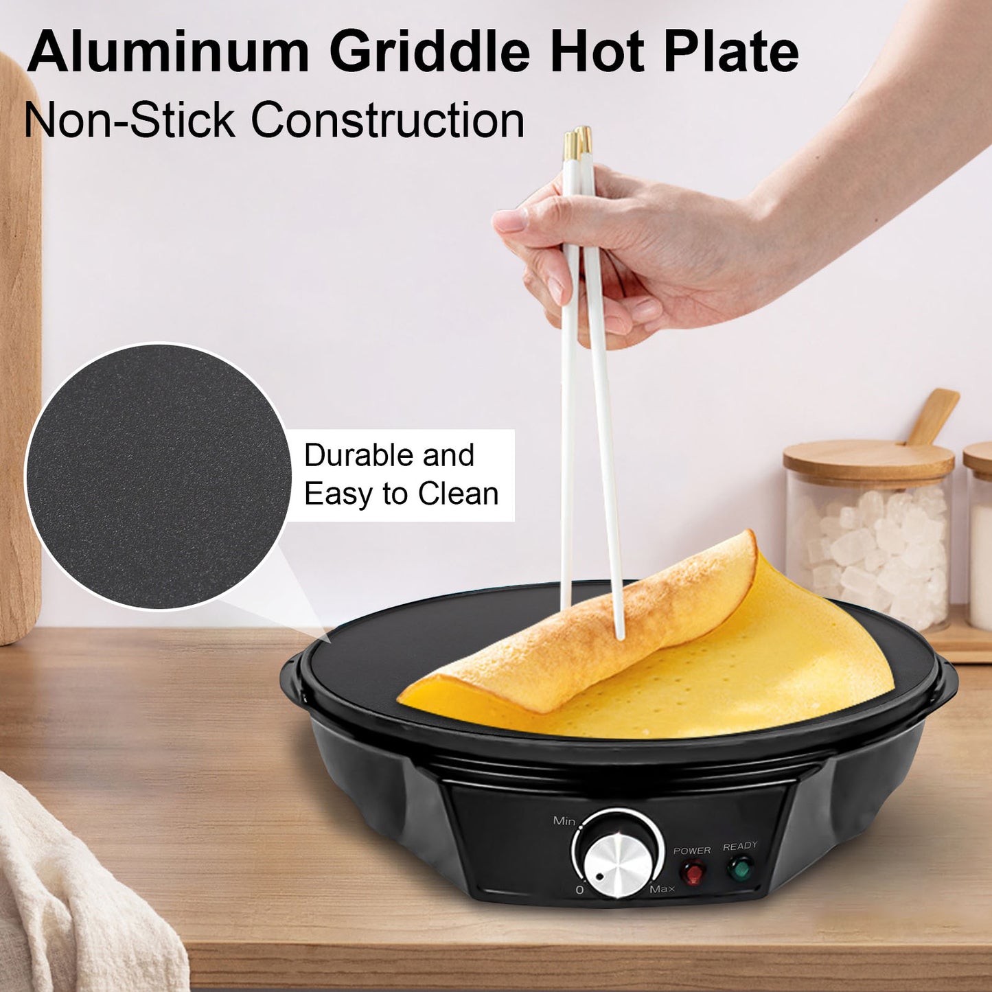 12" Griddle & Crepe Maker, Non-Stick Electric Crepe Pan W/Batter Spreader- Dual Use for Blintzes Eggs Pancakes, Adjustable Temperature Settings for Breakfast or Dessert