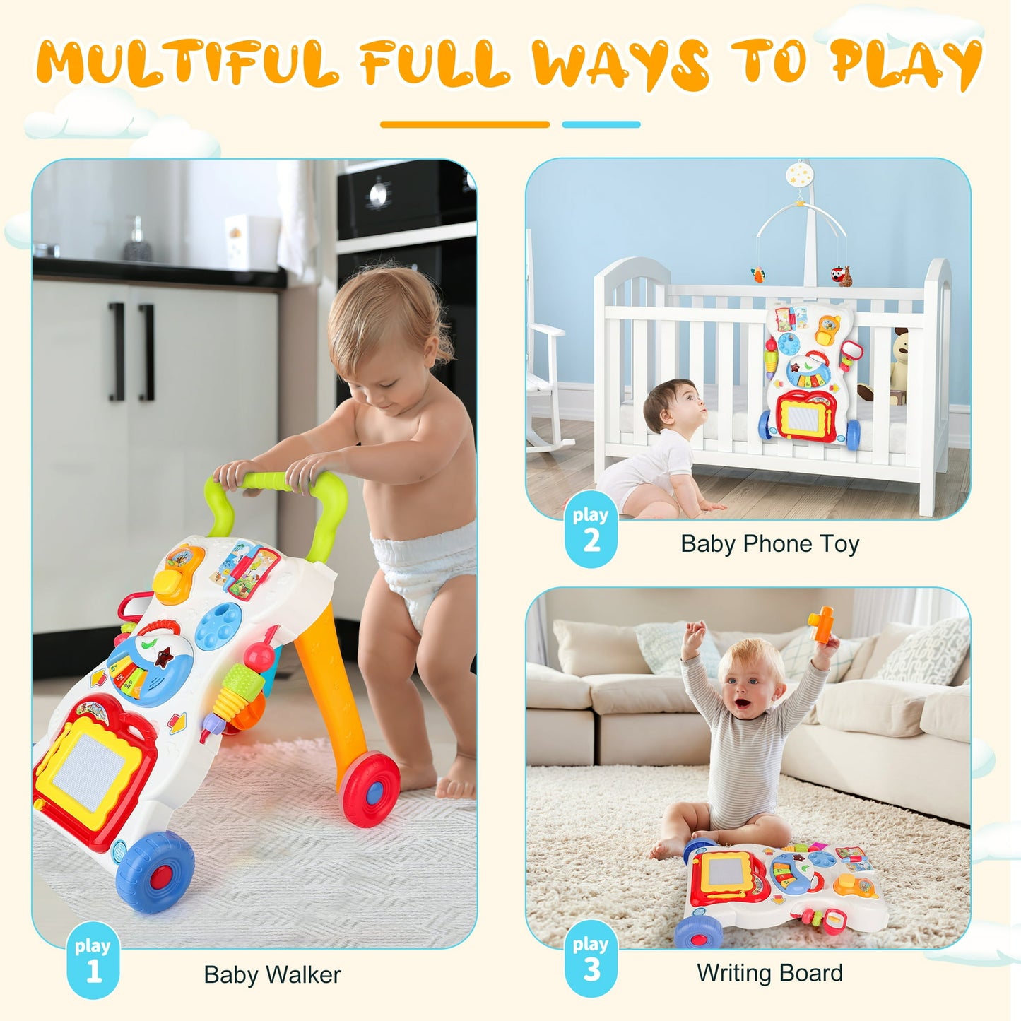 3 in 1 Baby Walker with Music Lights Sit to Stand Learning Walking Push Toys,for Toddlers 6–18 Months