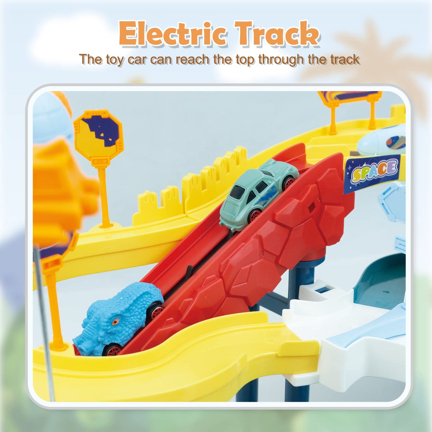 Dinosaur Rail Car Toys for Boys Monster Trucks Race Track Playset, Winding Highway Space Dinosaur Hill Toy Ramp Track Set, Lifting Parking Lot with 4 Mini Racer Cars Gifts for 3-9 Year Old Kids Girls