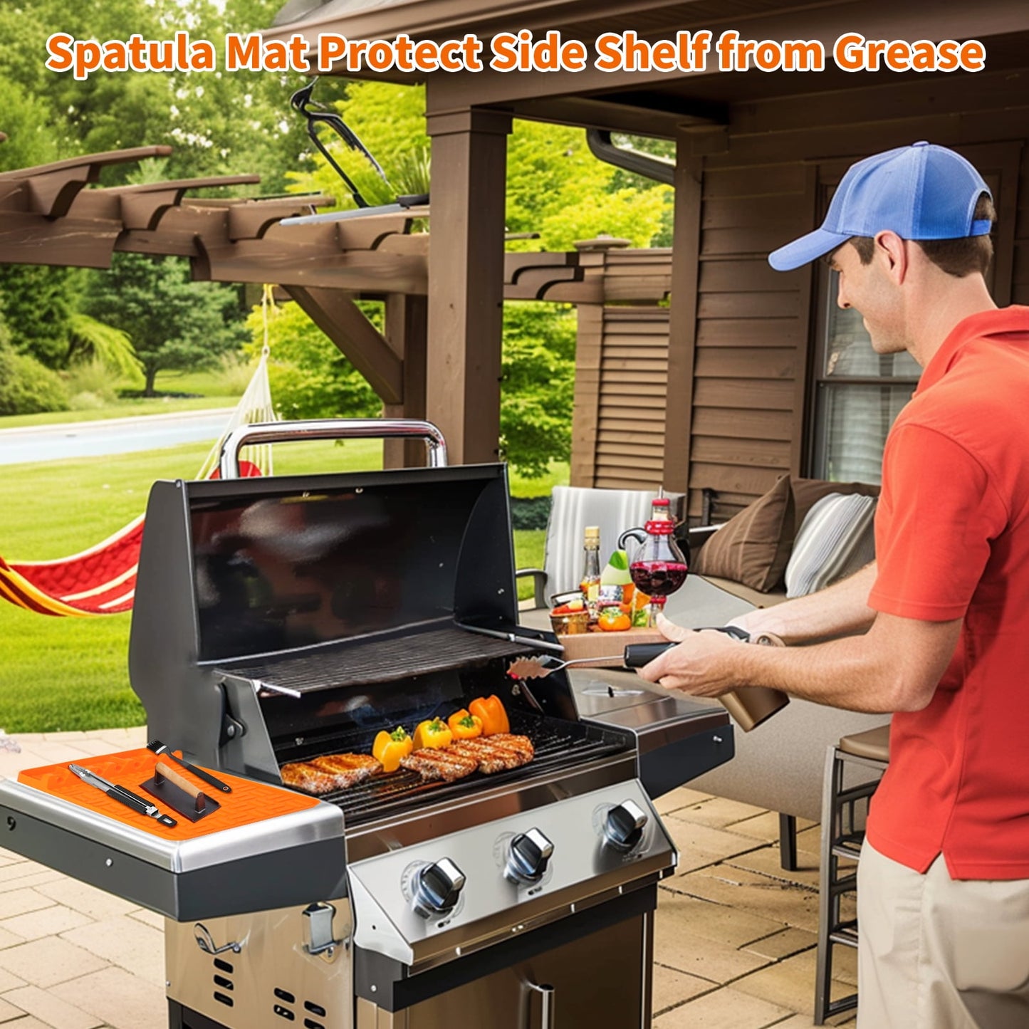 2PCS Silicone Grill Mat Compatible with Grill, Silicone Griddle Tools Spatula Mat with Drip Pad, (Orange)