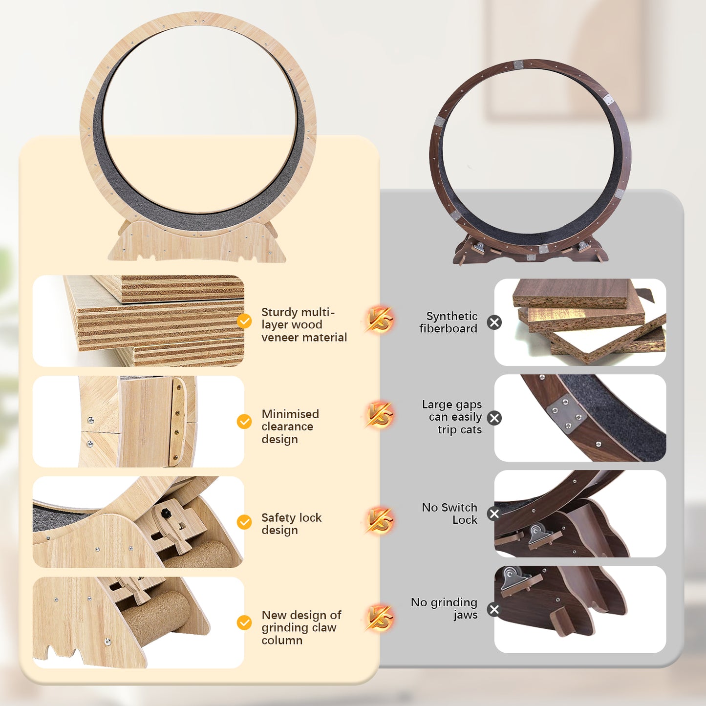 Crtynell Cat Wheel, Cat Treadmill, Cat Exercise Wheel, Cat Wheel Exerciser with side claw grinding posts for Indoor Cats for Walking, Running, Training, Suitable for Most Cats (Wood), Teaser Cat Toys