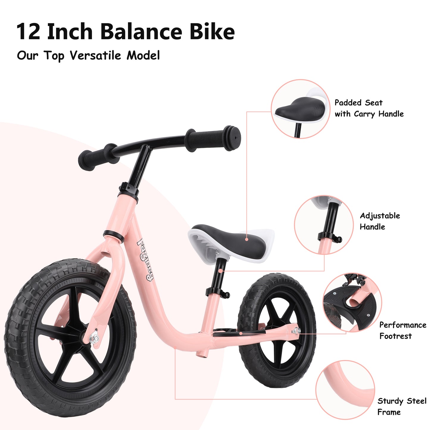 12-Inch Balance Bike No Pedal Lightweight Bike for Boys Girls 1.5 to 4 Years Old, Toddler Bike with Adjustable Seat, Carry Handle