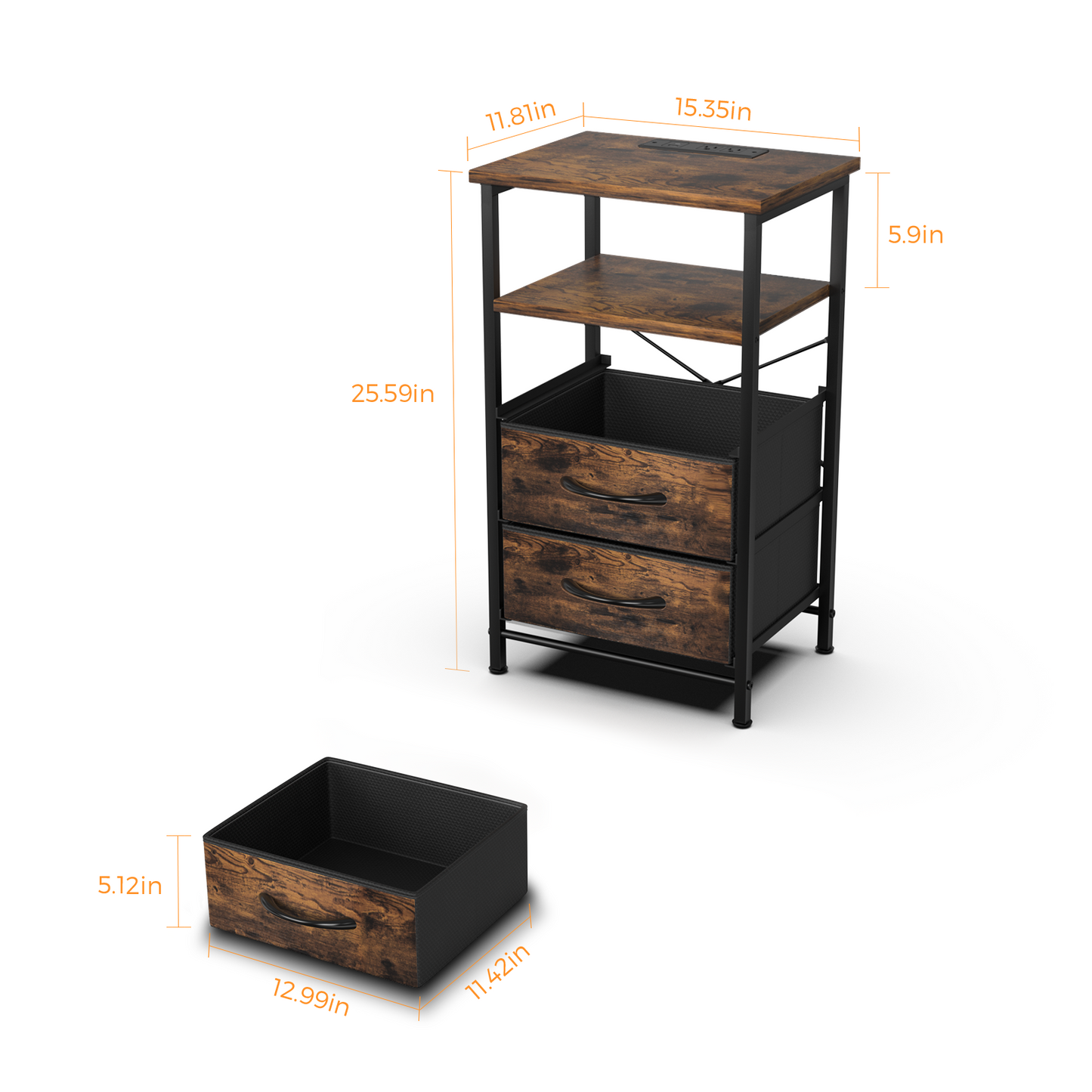 Night Stand with Charging Station, 16 Colors LED Nightstand with USB Ports and Outlets, End Table with 3 Fabric Drawers and Storage Shelf, Bedside Tables Small Dresser for Small Space Brown-5710934917
