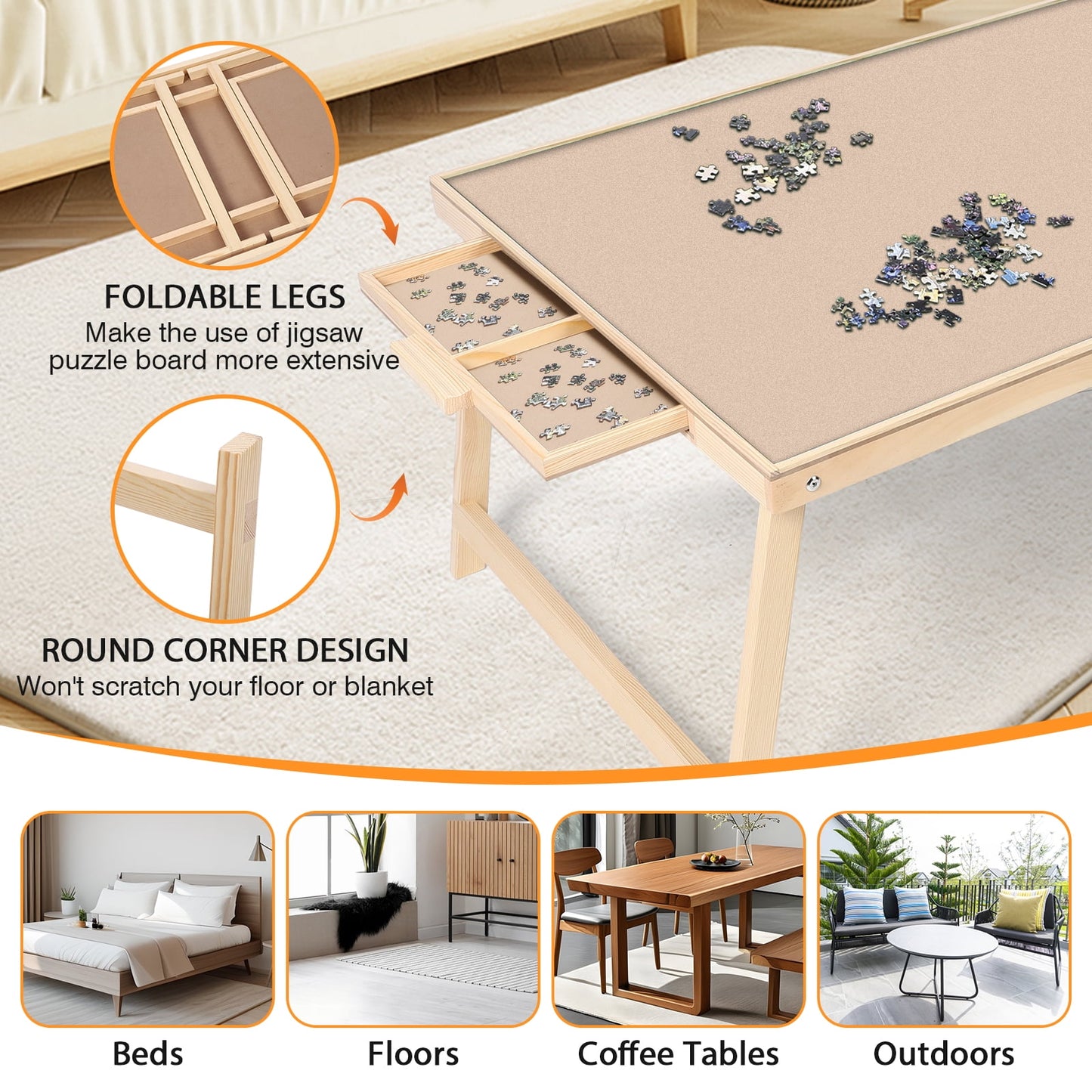 1500 Piece Puzzle Board With Folding Legs And 2 Sliding Drawers,34" X 26" Wooden Jigsaw Puzzle Table,Wood Puzzle Tray For Adults
