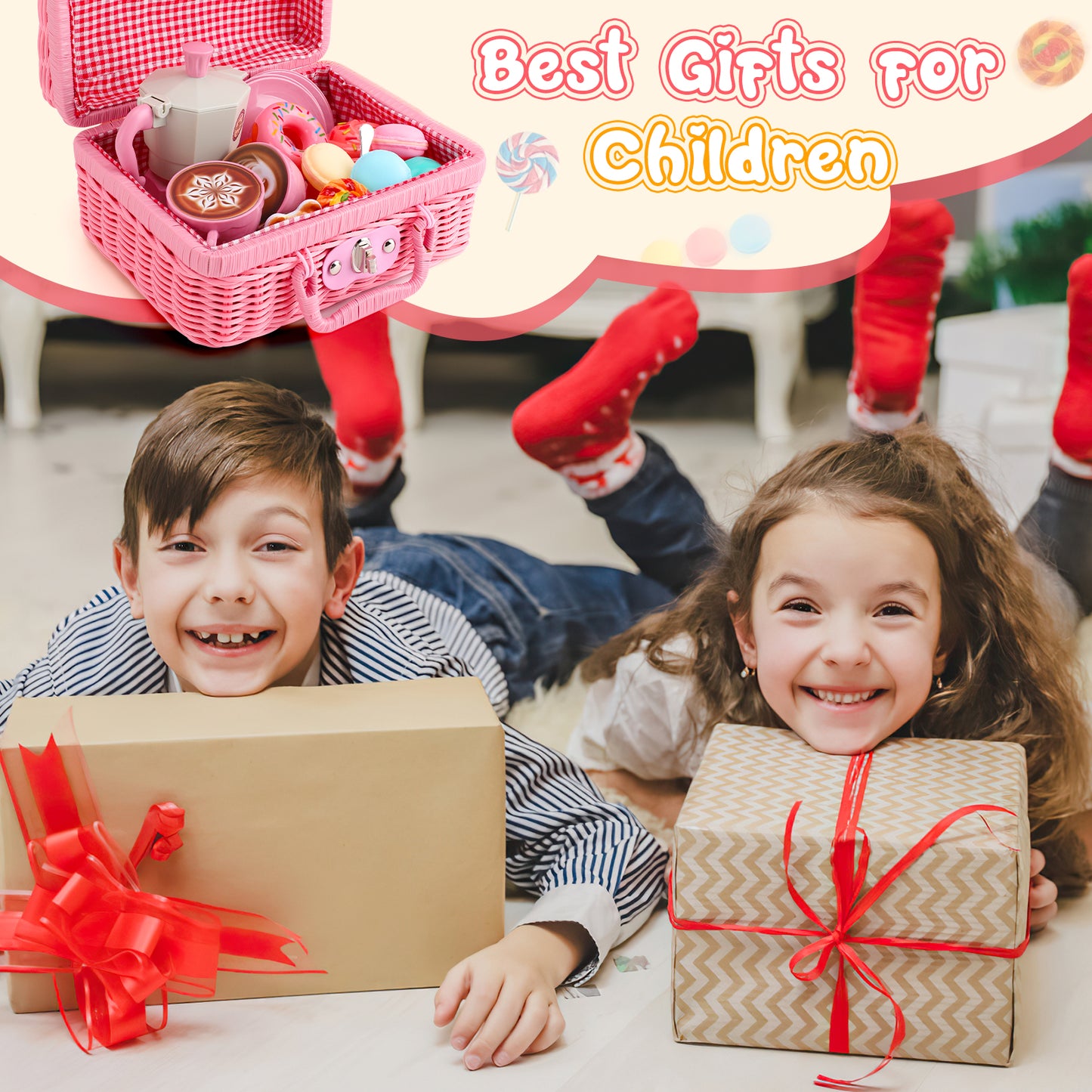 Crtynell Tea Party Set for Little Girls, 30 Pcs Picnic Basket Set with Carry Case, Teapot, Tea Cup, Dessert & Table Cloth, Pretend Play Toy Gifts for Kids 4 5 6 Year Old (Pink)