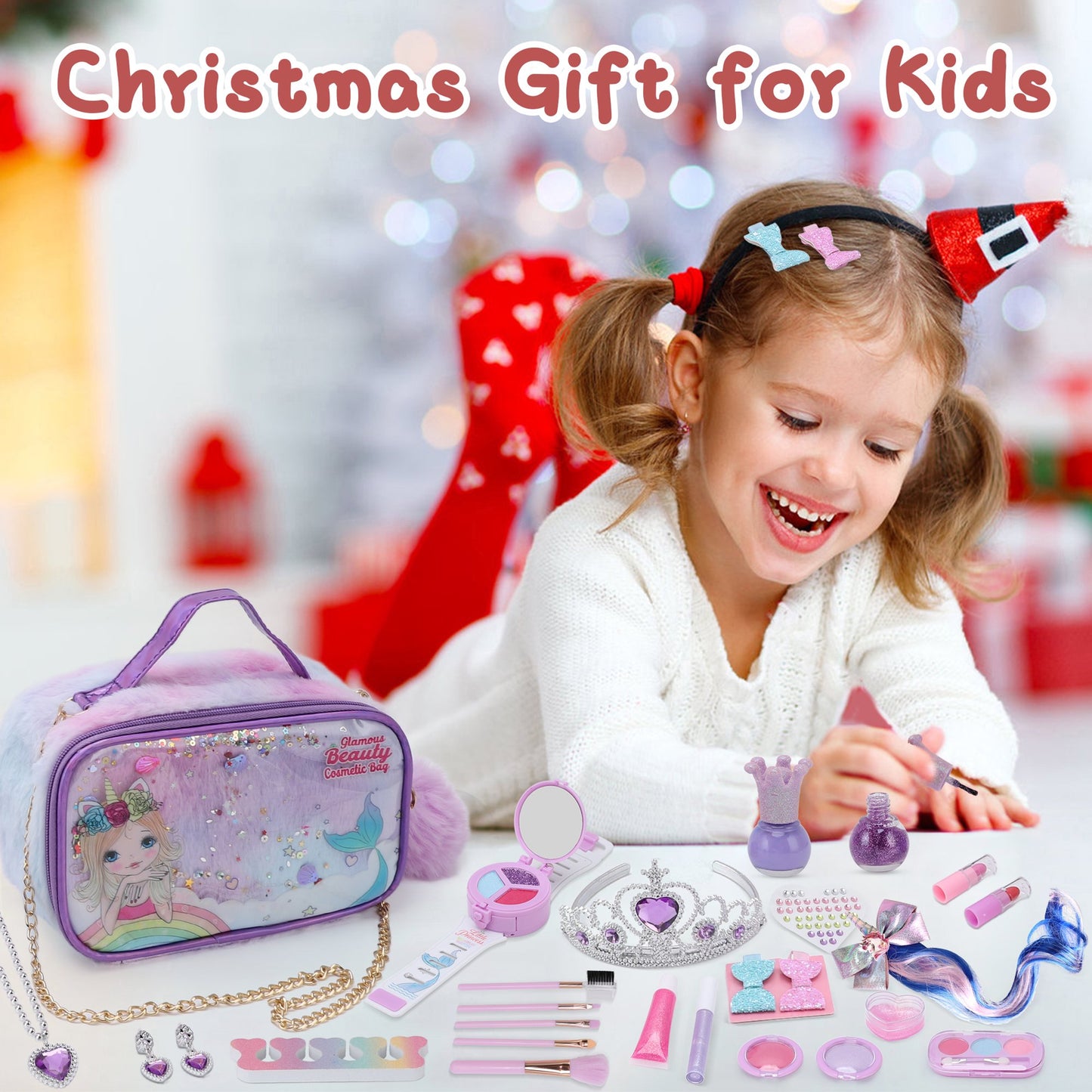 Kids Toy Makeup Set, Girls Fake Makeup Set, Kids Pretend Makeup Set With Princess Crown, Handbag, Wig And Other Girls Toys, Suitable For 3-12 Years Old Girls As Gifts For Birthday Christmas