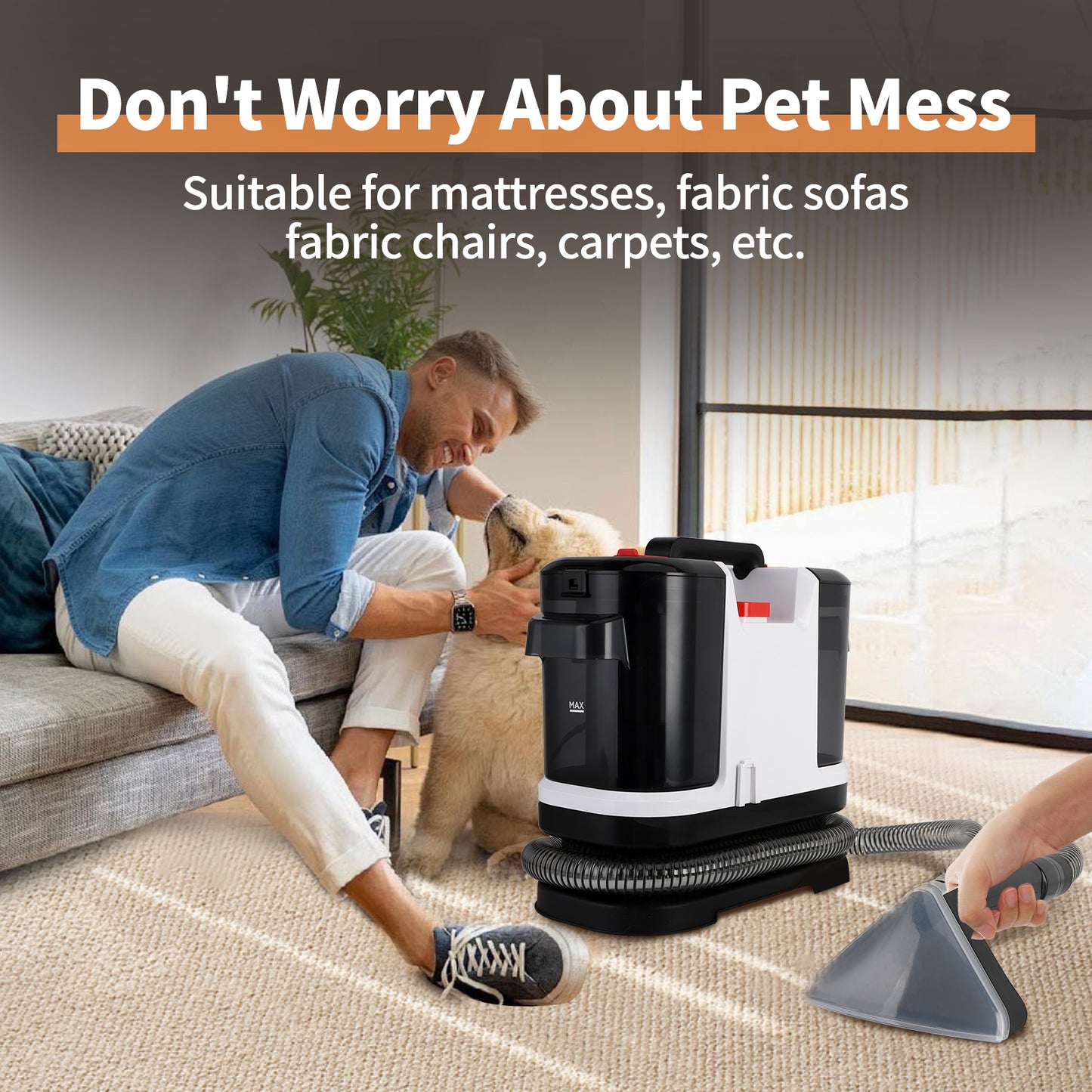 Portable Carpet & Upholstery Cleaner Machine with Spot, Stain, & Odor Eliminator, 500W 14Kpa Strong Suction with Versatile Tools, Perfect for Pets, Carpet, Area Rugs, Couches, Car Seat