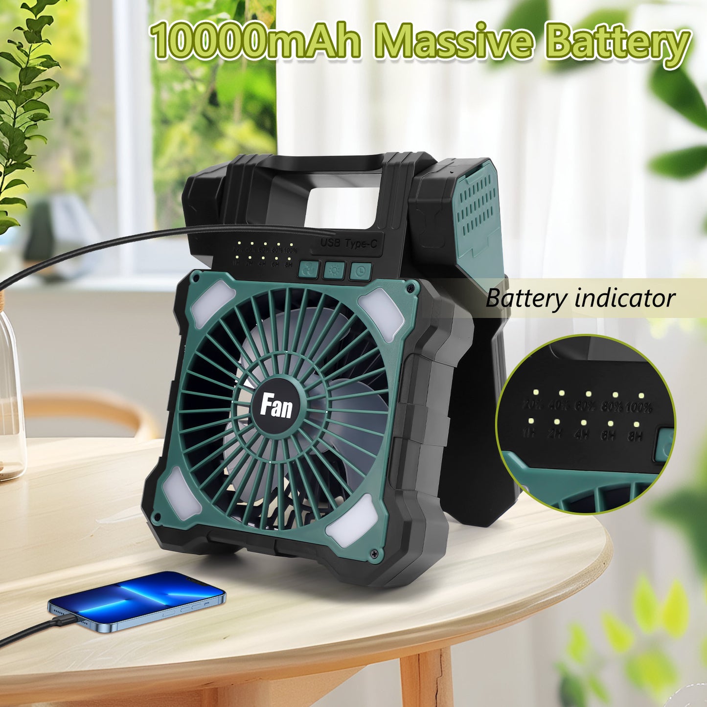 10000mAh Solar Camping Fan with Dual Charging, 5 Speeds & 3 Light Levels, 1-8H Timer, Portable Quiet Desk Fan for Hiking,Power Outage, Fishing,Travel