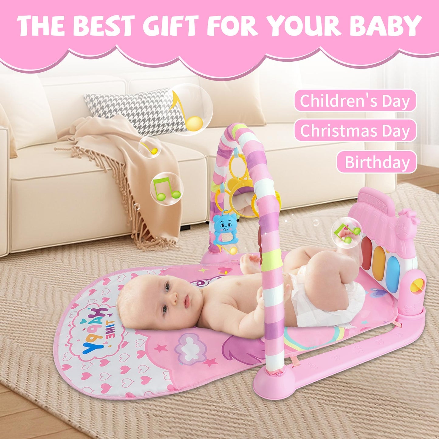 Baby Play Mat with Piano, Musical Activity Fitness Gym for Newborn, Infant Playmat Piano Suitable for 0-3 Year Boys and Girls Tummy Time, Pink