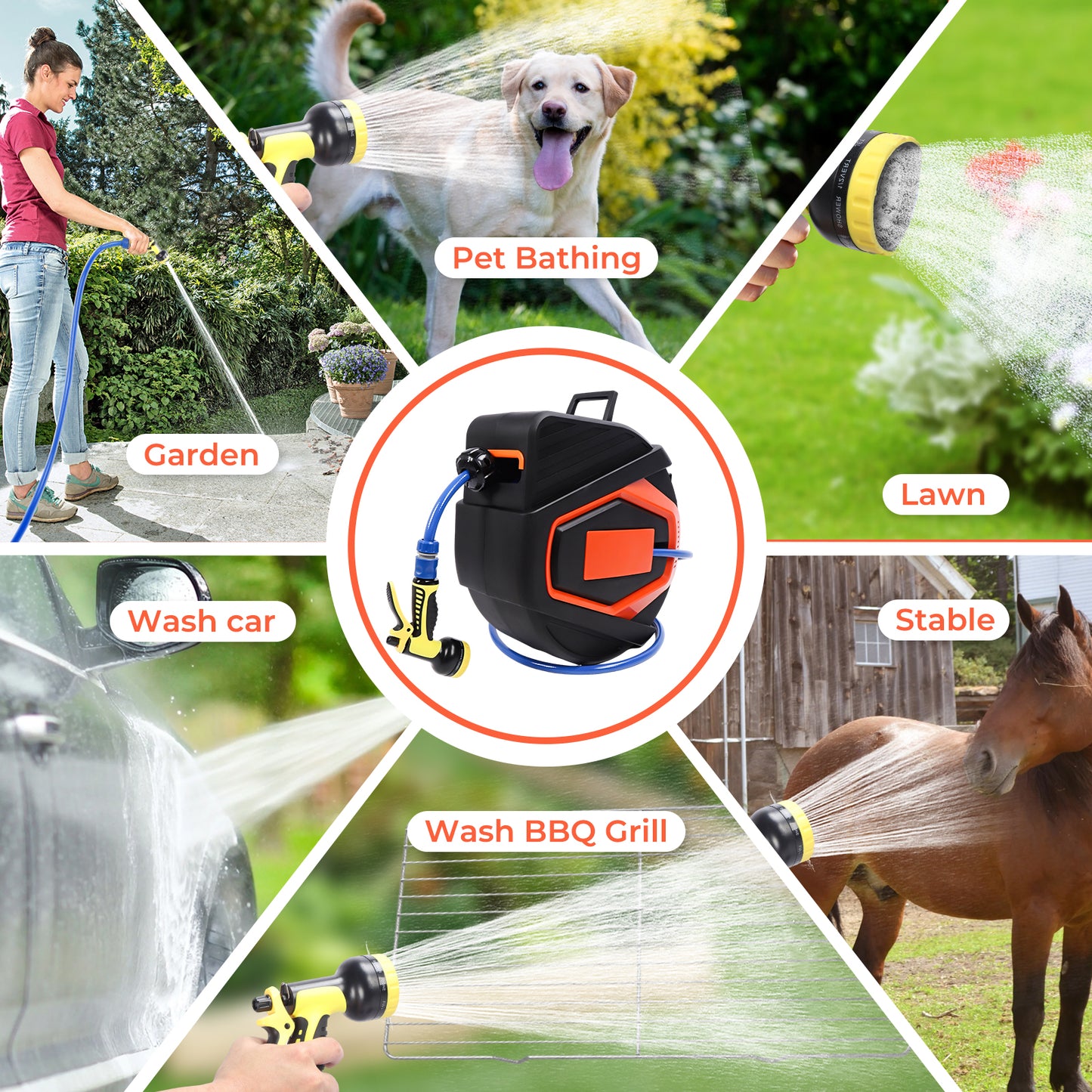 Retractable Garden Hose Reel 5/8 In X 100 Ft Automatic Wall Mounted Water Hose With 10 Pattern Nozzle Any Length Lock Slow Retraction 180 Swivel