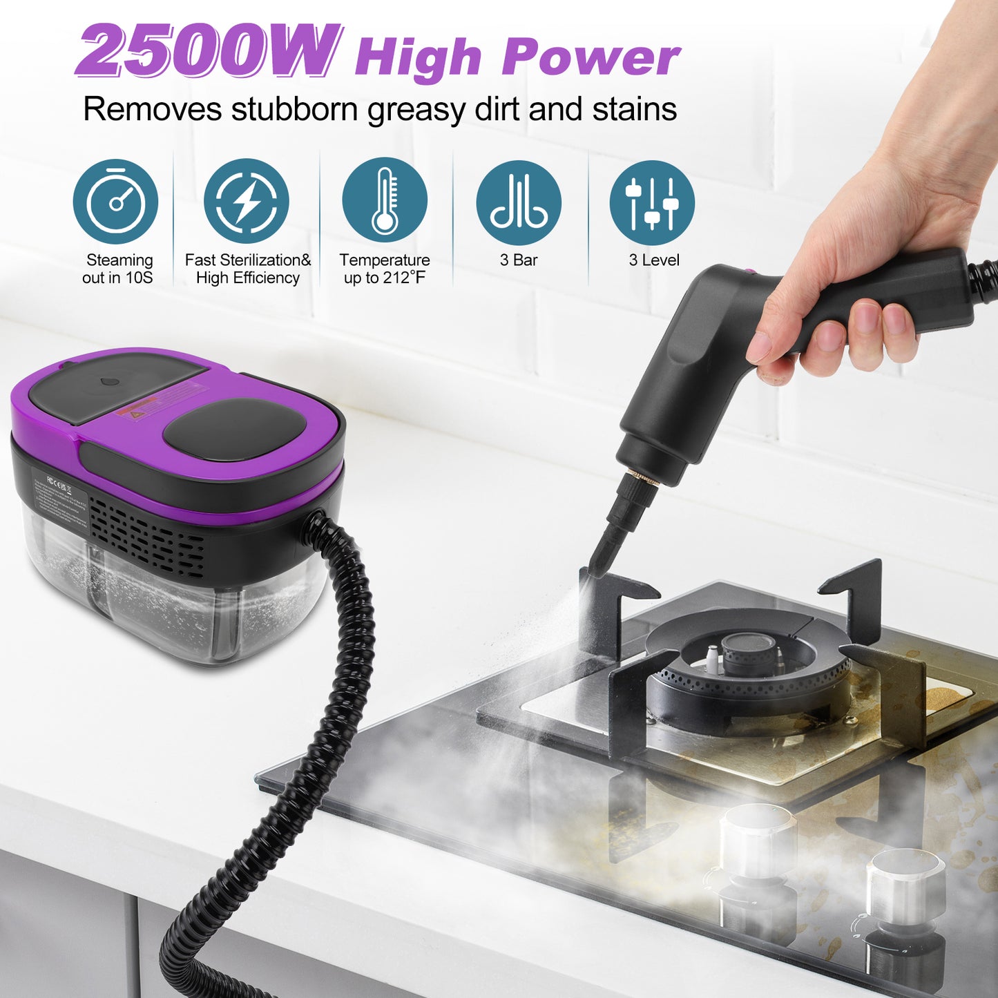 Steam Cleaner, 3-Level Adjustable Handle, 10s Fast Heat-Up, 1.6L Tank,Portable Steamer for Cleaning with 10 Pcs Accessories for Home,Dirt, Grease, Grout, Tile,Floor,Couch,Car,Violet