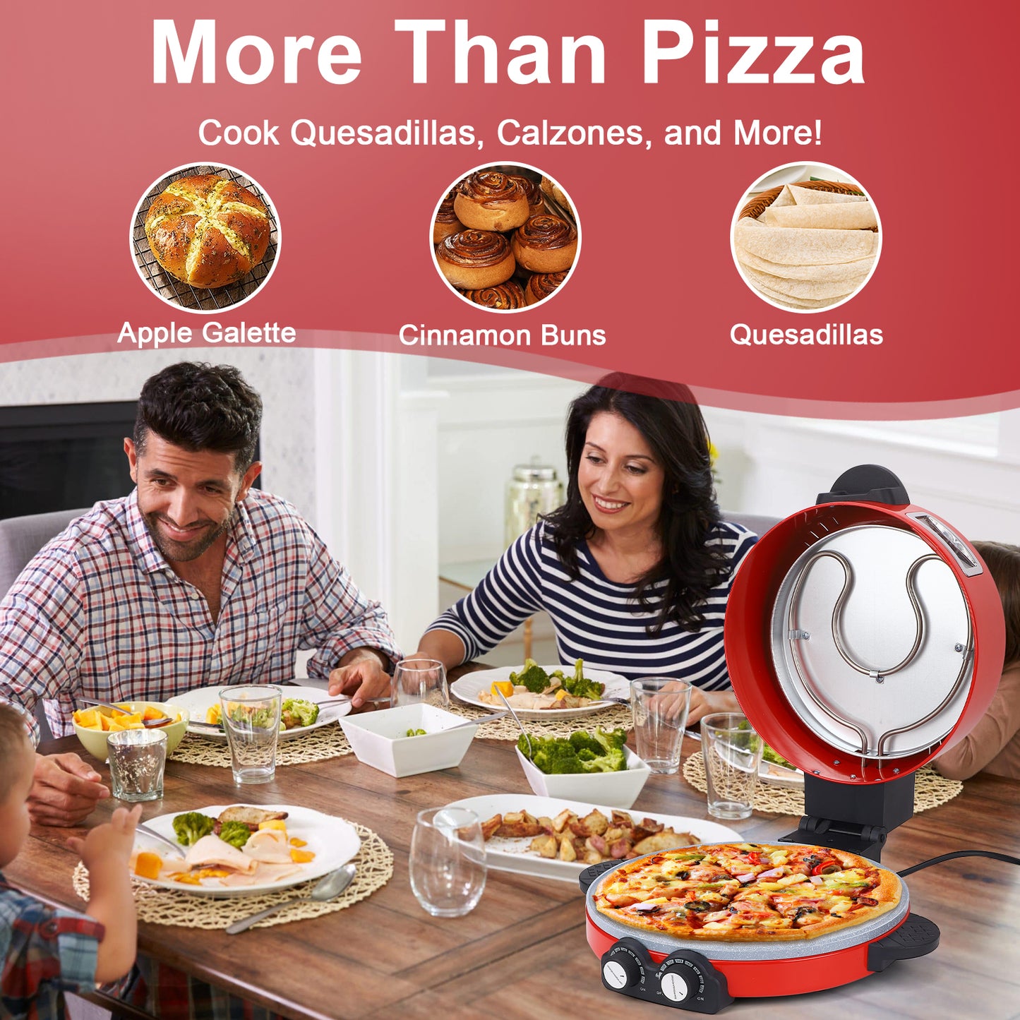 Pizza Oven 12" Visual Window Pizza Maker Machine 1800W Pizza Cooker For Kitchen Countertop Dual Temperature Control Up To 440 Degrees Celsius Red