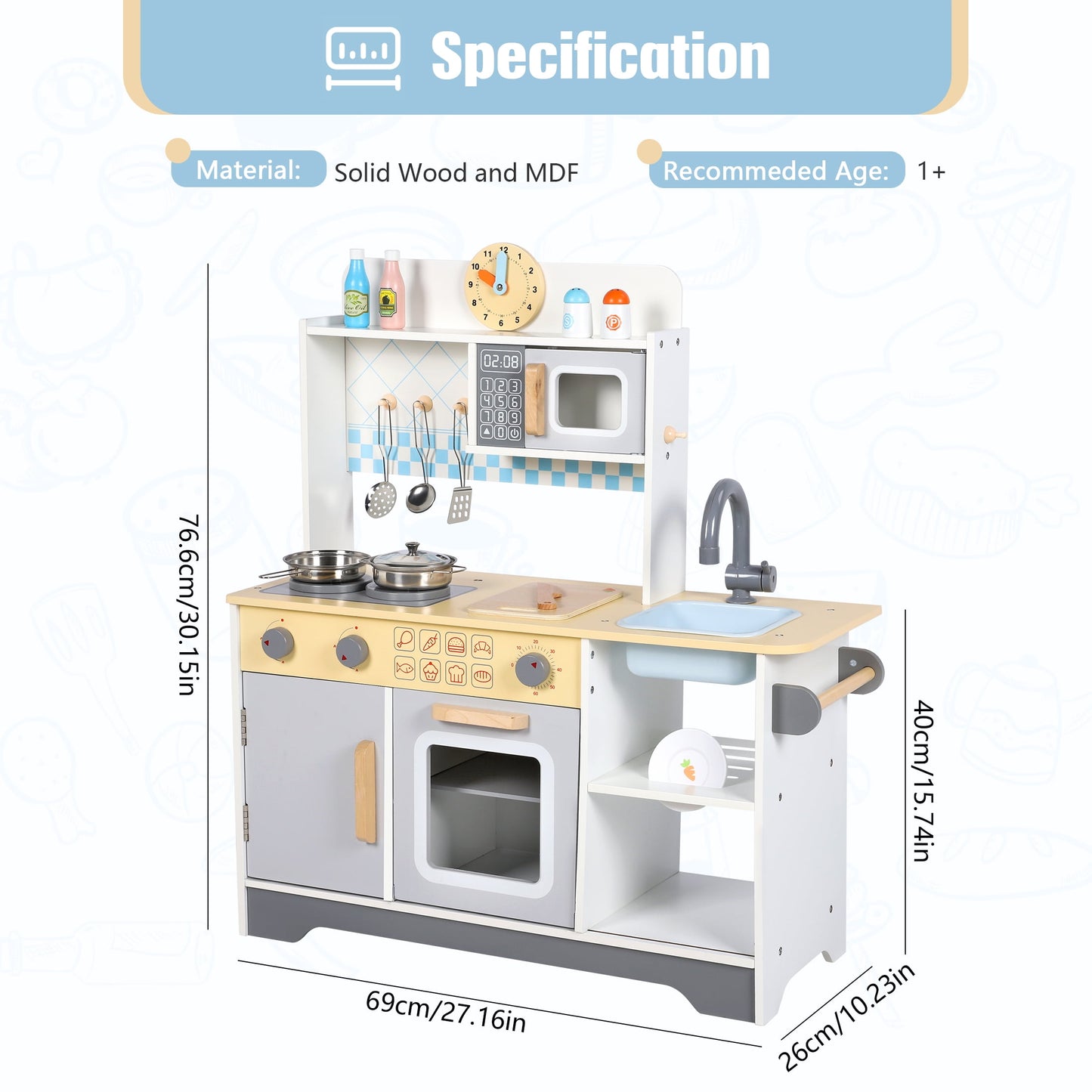 Kids Play Kitchen Wooden Pretend Toddler Toys Playset Gift with Realistic Design, Microwave Oven, Cabinets, Sink, Cooking Accessories for Girls Boys