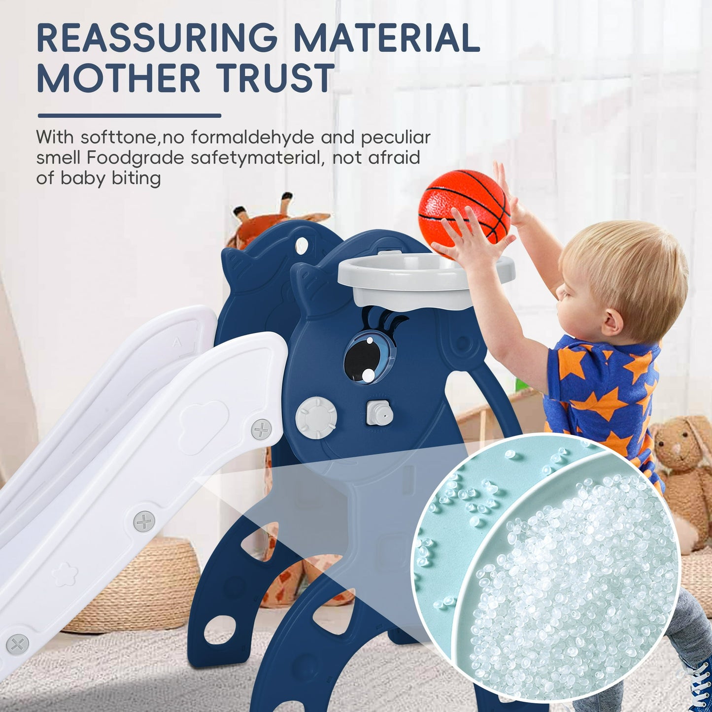 Foldable kids slide, toddler slide, compact multi-purpose family indoor and outdoor play equipment, toddler climbing slide with basketball stand, blue