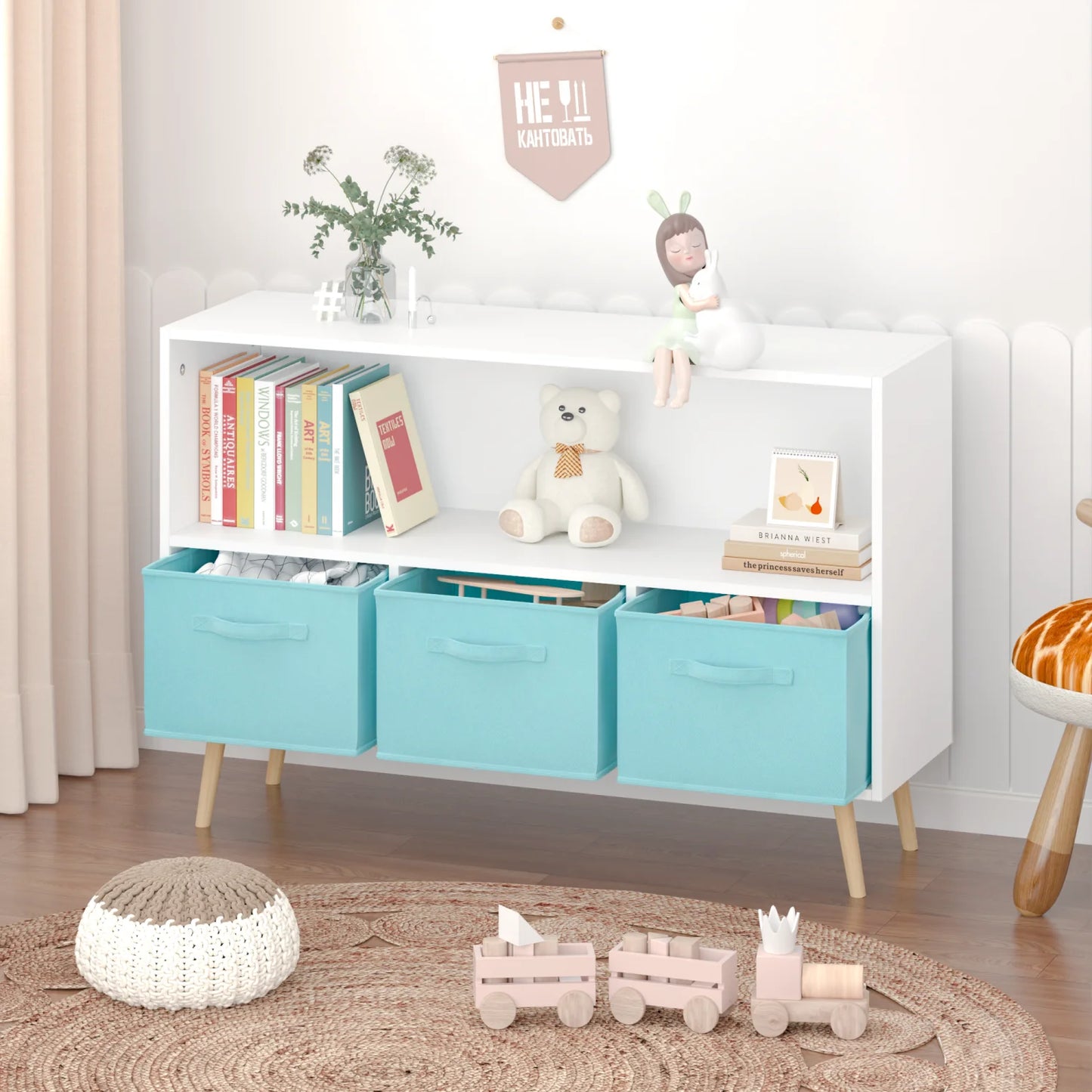 Kids Bookcase, Book Display Bookshelf with 3 Collapsible Fabric Drawers, 2-IN-1 Toy Storage and Book Rack for Kids , with Pine Legs, Toy Storage Cabinet Organizer for Bedroom Living Room , Blue