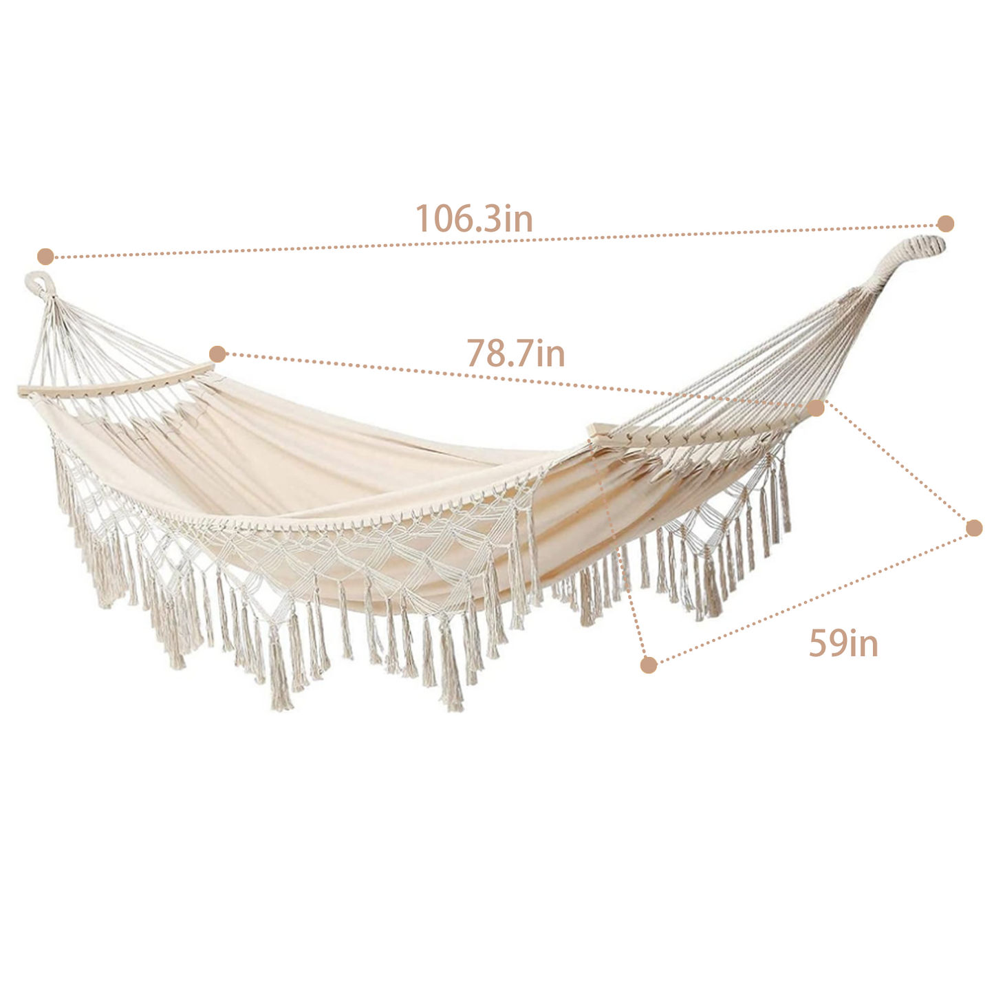 Double Hammock,2-Person Canvas Solid Wood Tassels Fishtail Knitting with Mounting Straps & Curved Rod & Carrying Bag for Outdoor Camping Patio Balcony, Beige