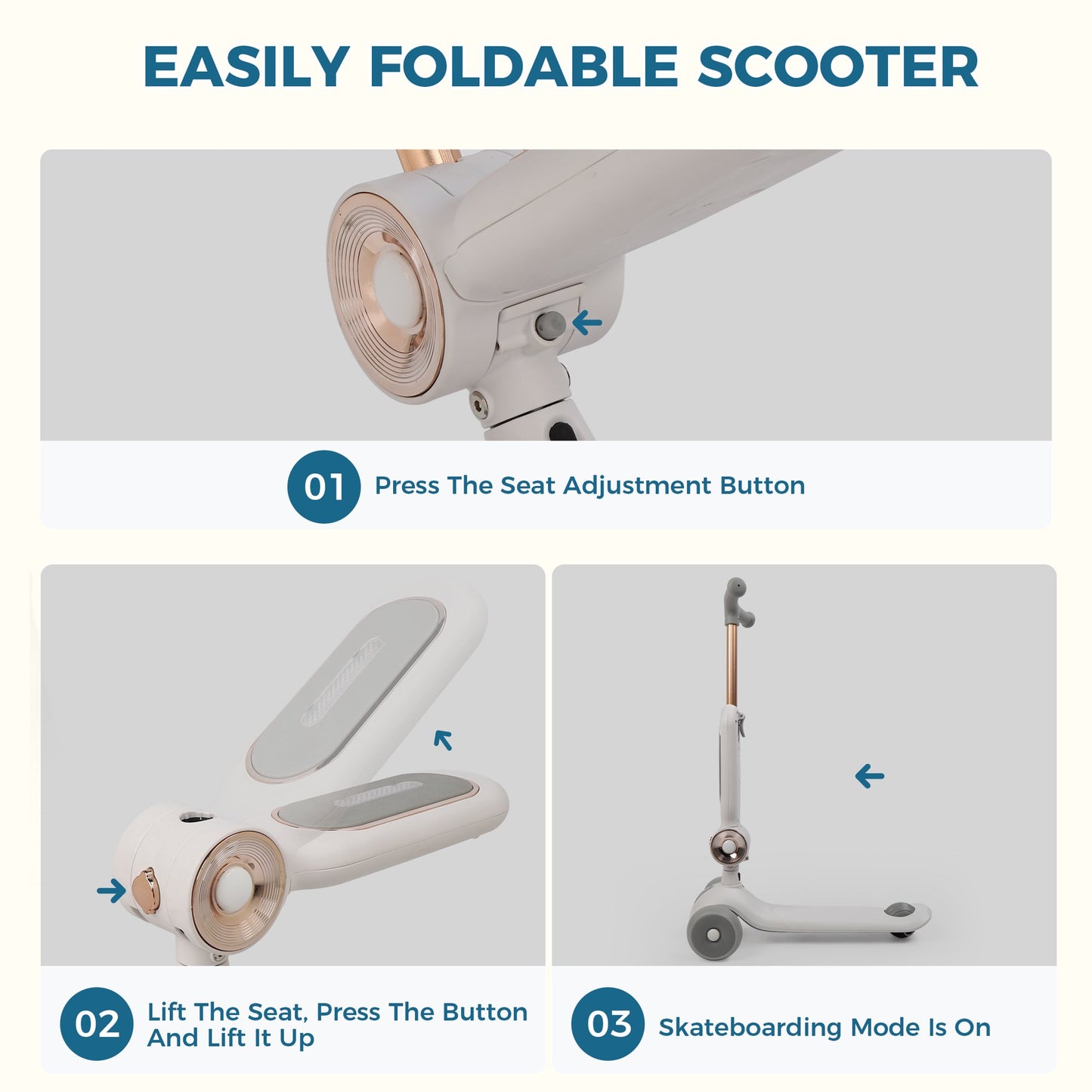 3 Wheel Scooter For Kids, 2-In-1 Folding Toddler Scooter ,Scooter With Adjustable Handlebar And Folding Seat, Ride On Toys With Music Led Lights Rear Brake For Boys Girls Ages 3-5 ,Kids Gift(White)