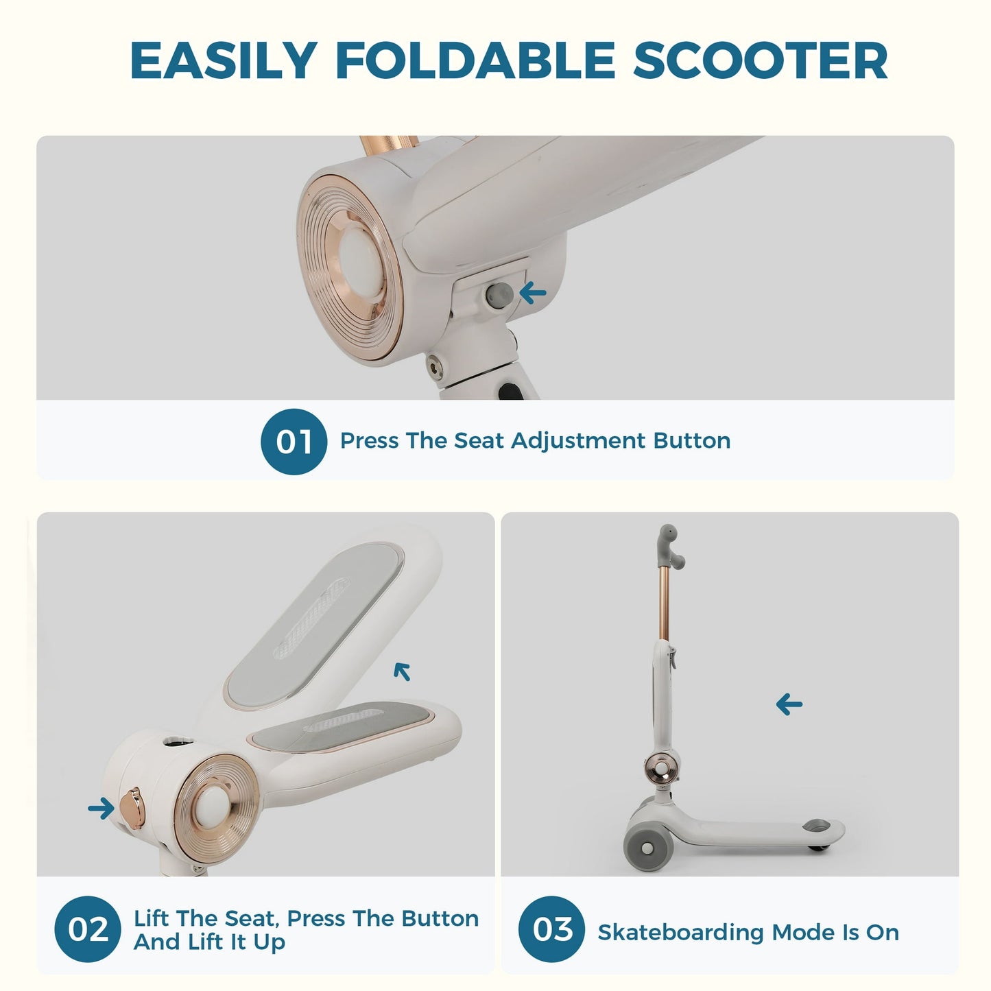 3 Wheel Scooter For Kids, 2-In-1 Folding Toddler Scooter ,Scooter With Adjustable Handlebar And Folding Seat, Ride On Toys With Music Led Lights Rear Brake For Boys Girls Ages 3-5 ,Kids Gift๏ผWhite)