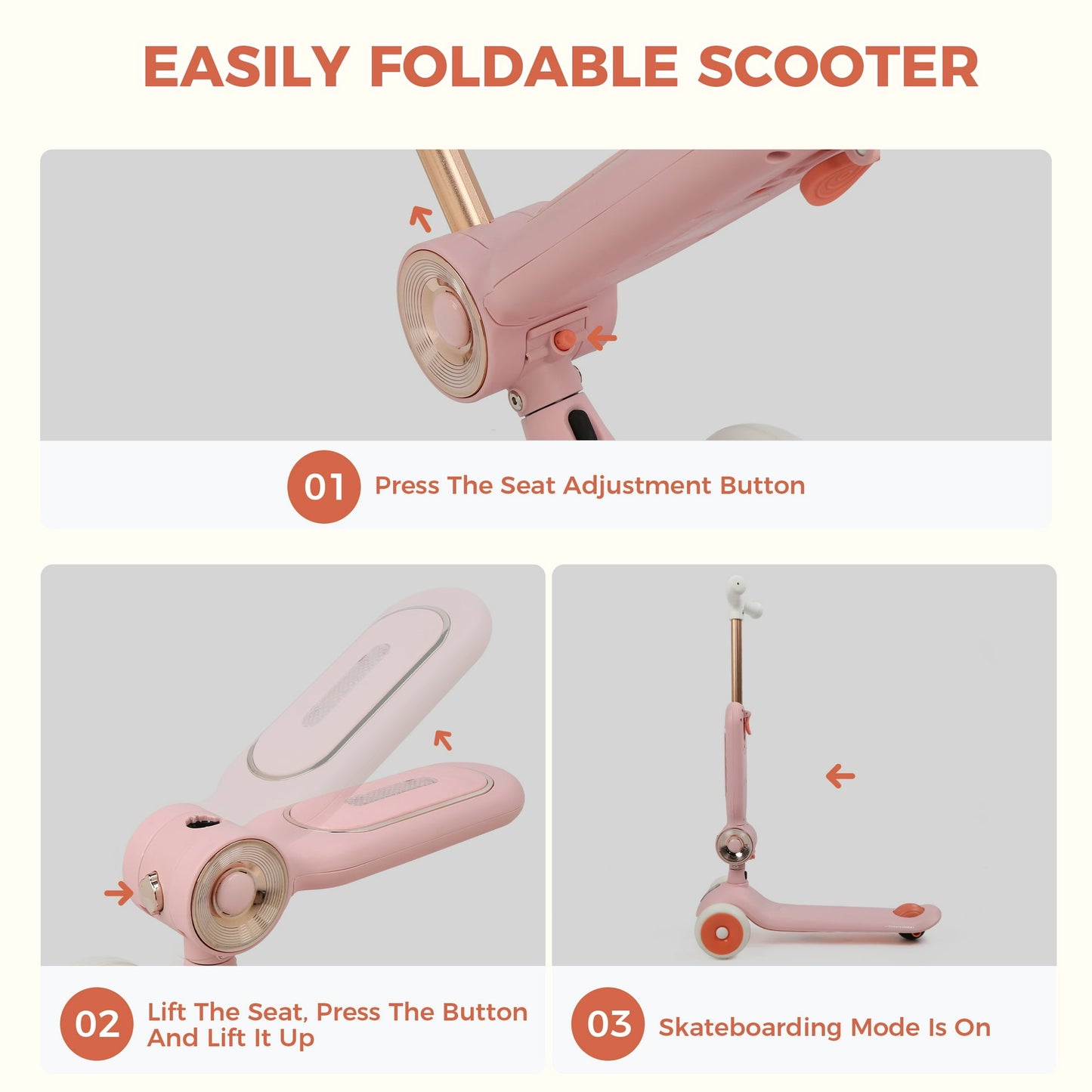 3 Wheel Scooter For Kids, 2-In-1 Folding Toddler Scooter ,Scooter With Adjustable Handlebar And Folding Seat, Ride On Toys With Music Led Lights Rear Brake For Boys Girls Ages 3-5 ,Kids Gift๏ผPink)