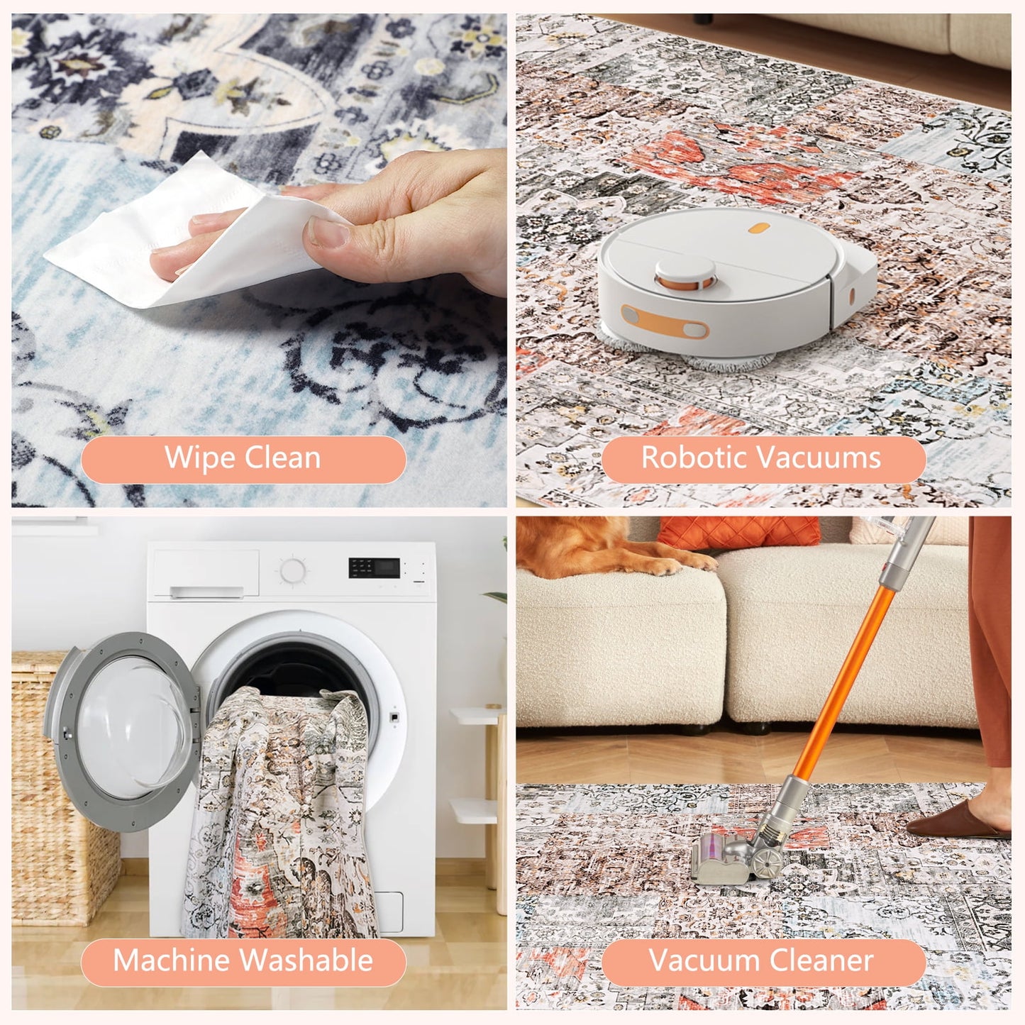 Modern Area Rug 8x10, Machine Washable Rugs for Living Room, Non Slip Carpet Printed, Low Pile, Light Red Brown