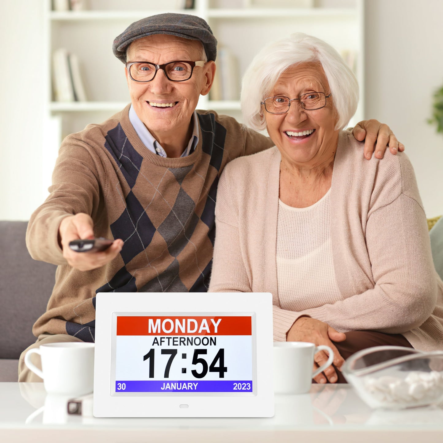 Crtynell Digital Day Calendar Clock Multifunctional Extra Large Dementia Digital Clock with 5 Alarms and Medication Reminders Impaired Vision Digital Clock (7" White)