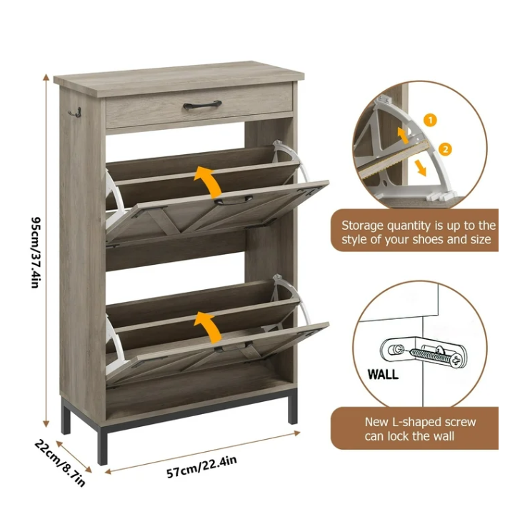 Shoe Cabinet Farmhouse Shoe Organizer with 2 Flip Drawers and 1 Drawer,Shoe Storage Cabinet Organizer for Entryway,Gray