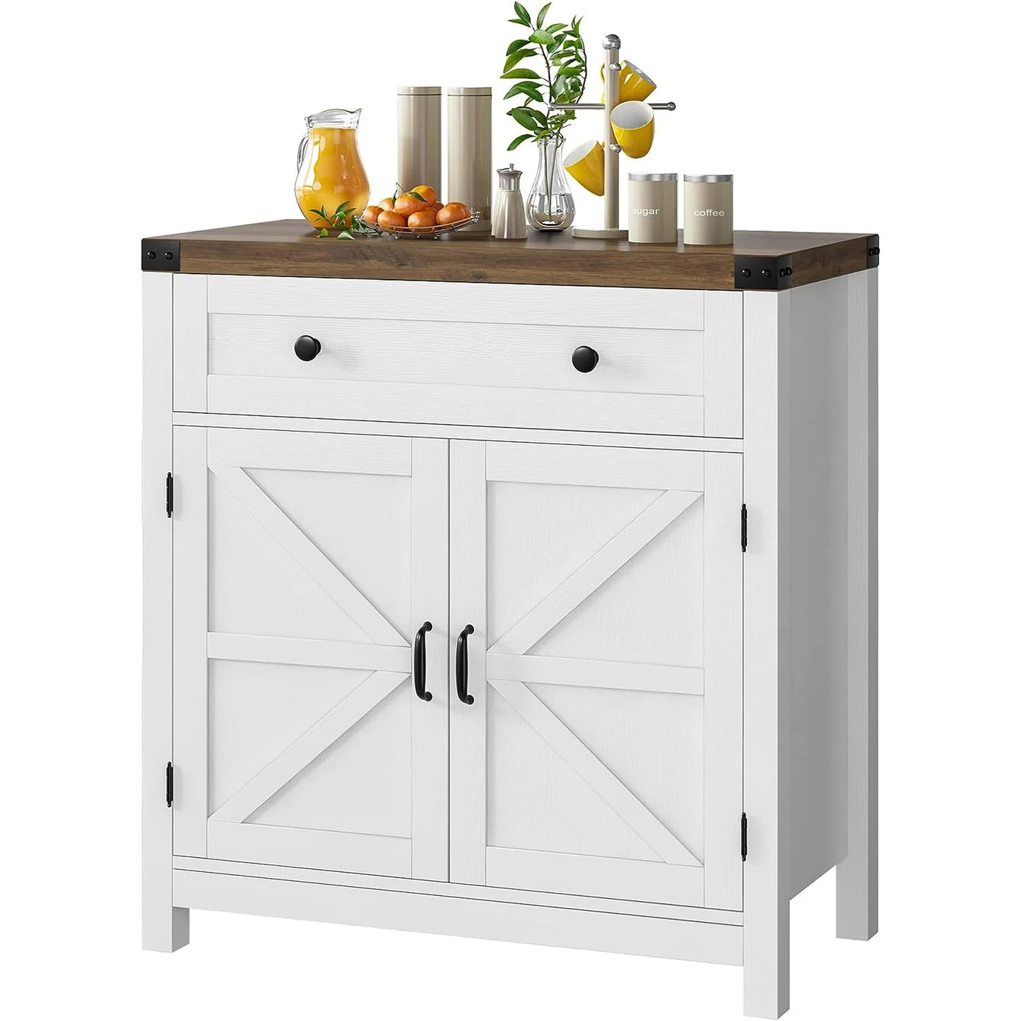Coffee Bar Cabinet, Modern Farmhouse Buffet Sideboard with Drawer and Adjustable Shelf, Barn Door Storage Cabinet for Kitchen, Dining Room, Bathroom, Entryway, White