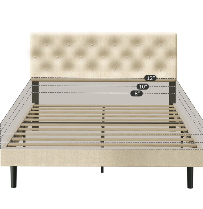 Queen Size Platform Bed Frame with Velvet Upholstered Headboard, Button Tufted Design, No Box Spring Needed, Beige