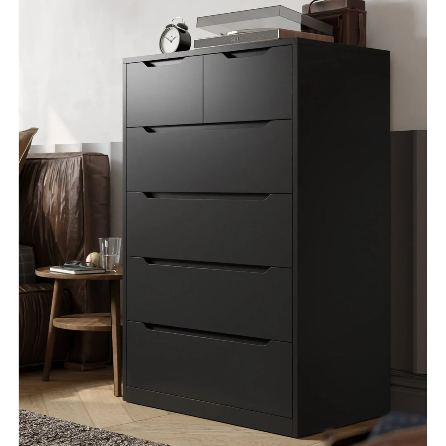 Black Tall Dresser Wood 6 Drawer Dressers for Bedroom Wood Chest of Drawers with Smooth Metal Rail Large Dresser Modern Storage Cabinet for Home Office Living Room, 43.3"H x 27.5"L x 15.7"D