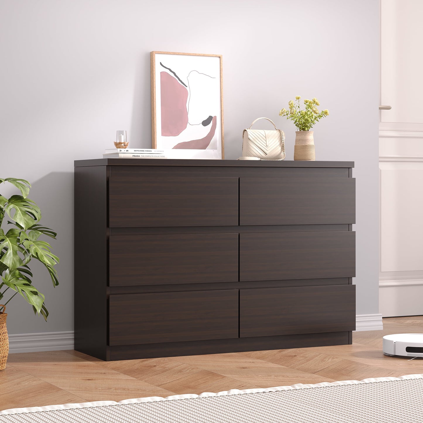 LAFGUR 6 Drawer Double Dresser, Wood Storage Side Cabinet Chest with Deep Drawers, Wide Storage Organizer Cabinet for Bedroom Living Room, Nursery Kitchen Office,White