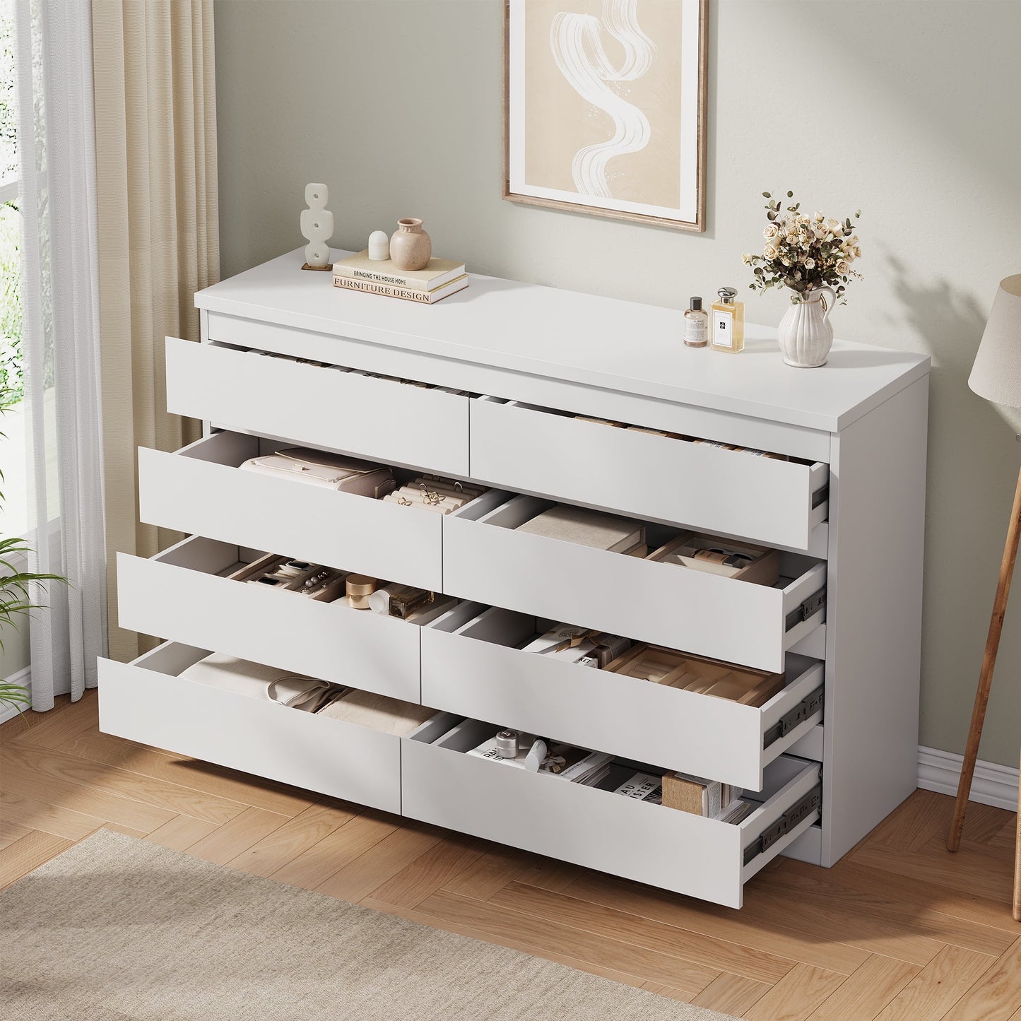 LAFGUR 6 Drawer Double Dresser, Wood Storage Side Cabinet Chest with Deep Drawers, Wide Storage Organizer Cabinet for Bedroom Living Room, Nursery Kitchen Office,White