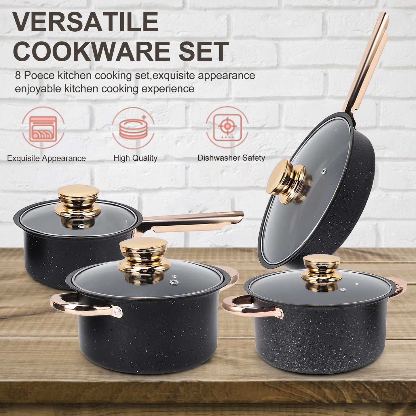 8 Pcs Pots and Pans Set Non Stick, Nonstick Kitchen Cookware Sets, Induction Cookware, For Oven & Dishwasher , Premium Kitchen Cooking Set with Gold Handles, Black