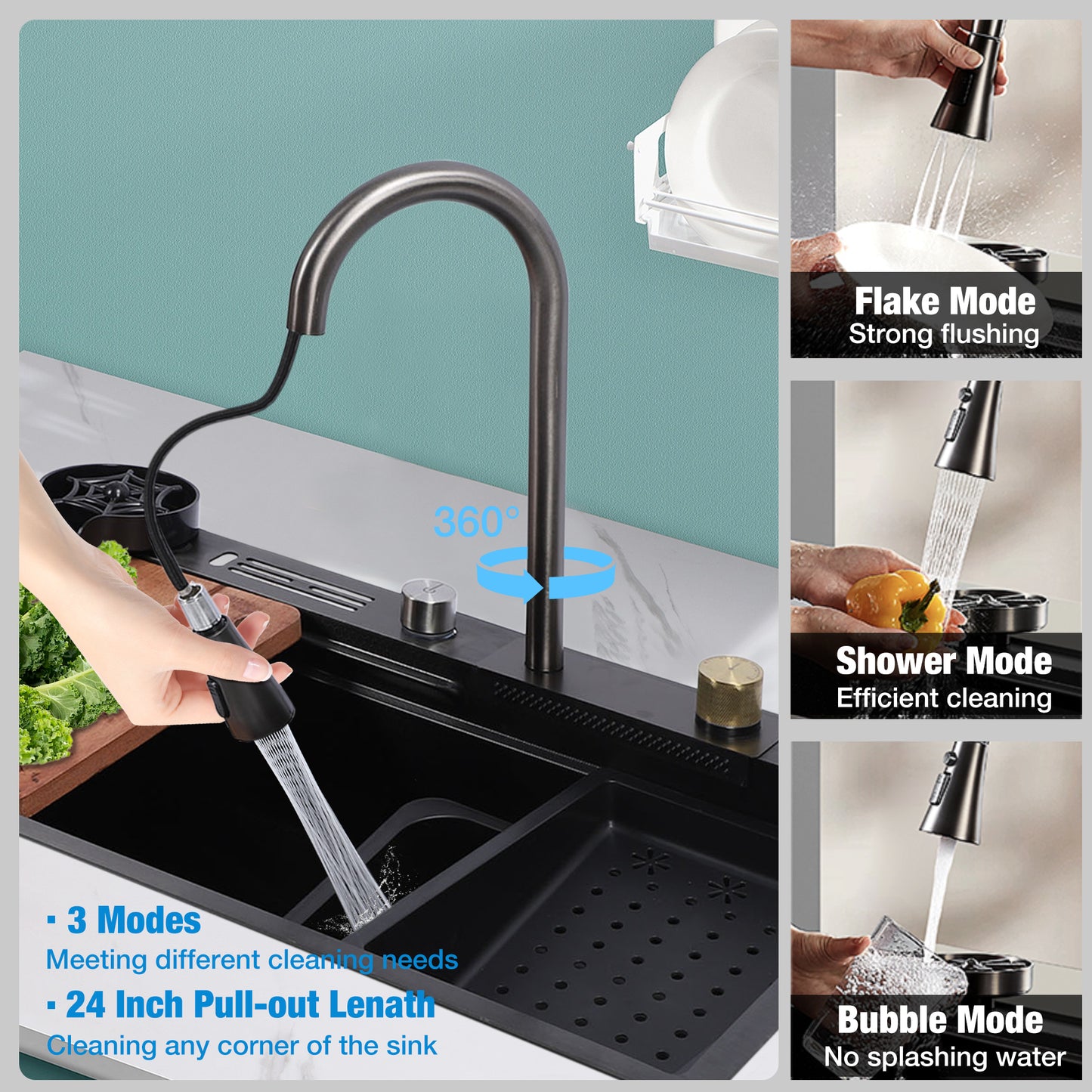Drop In Kitchen Sink Multifunction Single Bowl Stainless Steel Kitchen Sink Workstation with 360 Degree Rotation Faucet
