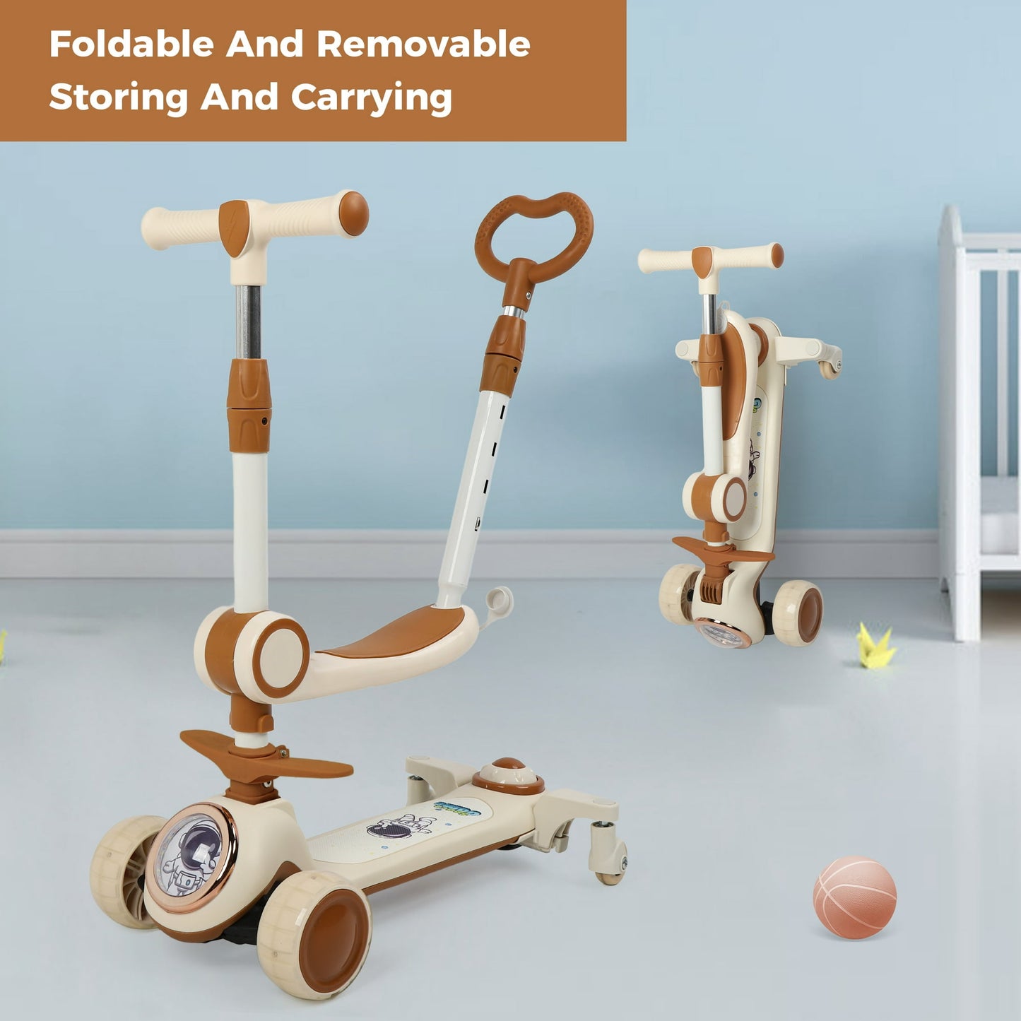 Crtynell Kids Kick Scooter With 3 Luminous Wheels, Toddler Scooter With Adjustable Handle And Folding Seat, 3-In-1 Toddler Men'S And Women'S Scooter With Push Bar Swivel Wheels, Kids Gift (Coffee)