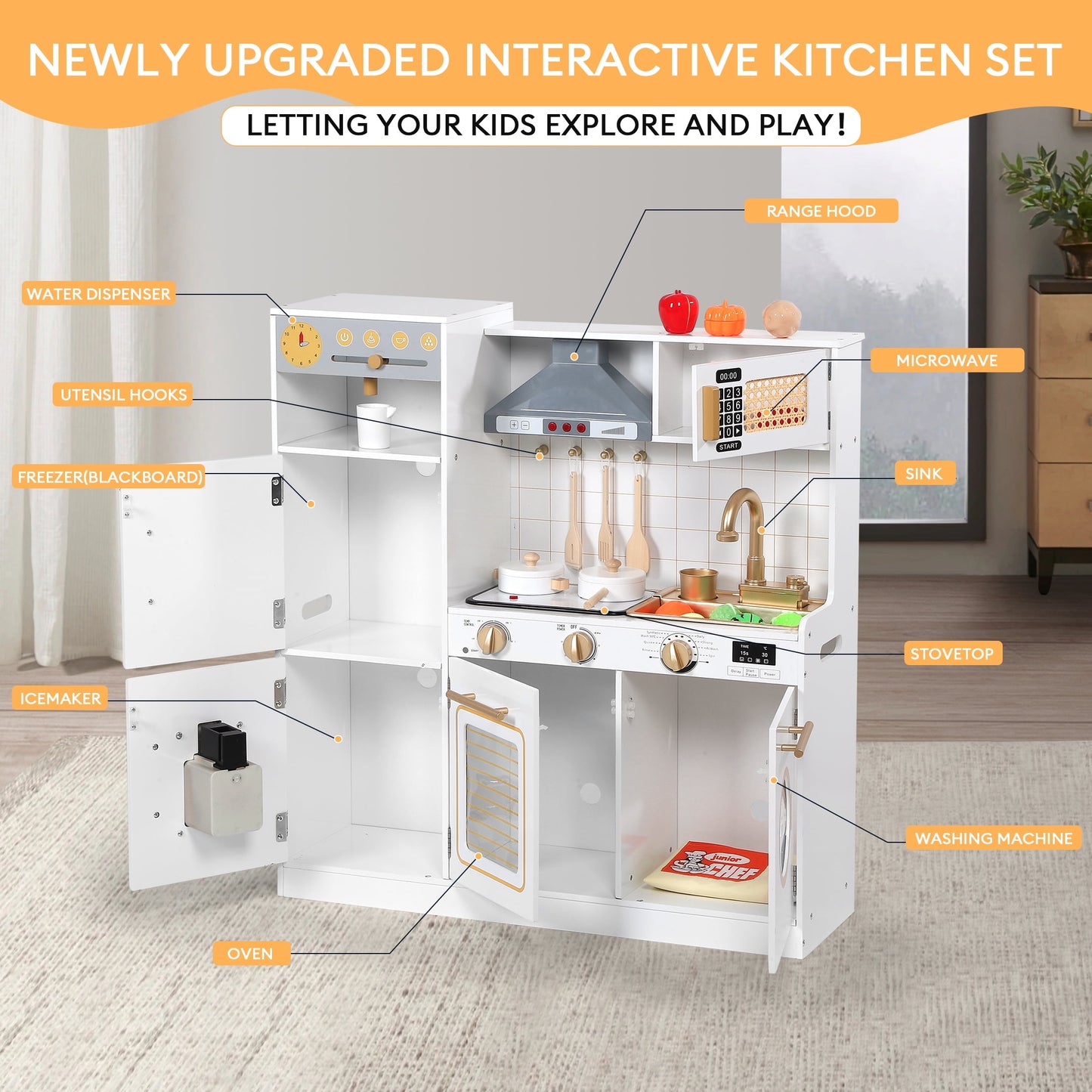 Kids Pretend Play Kitchen with Running Water, Lights & Sound, Wooden Play Toy Kitchen for Boys Girls Ages 3+, Over 20pcs Accessories